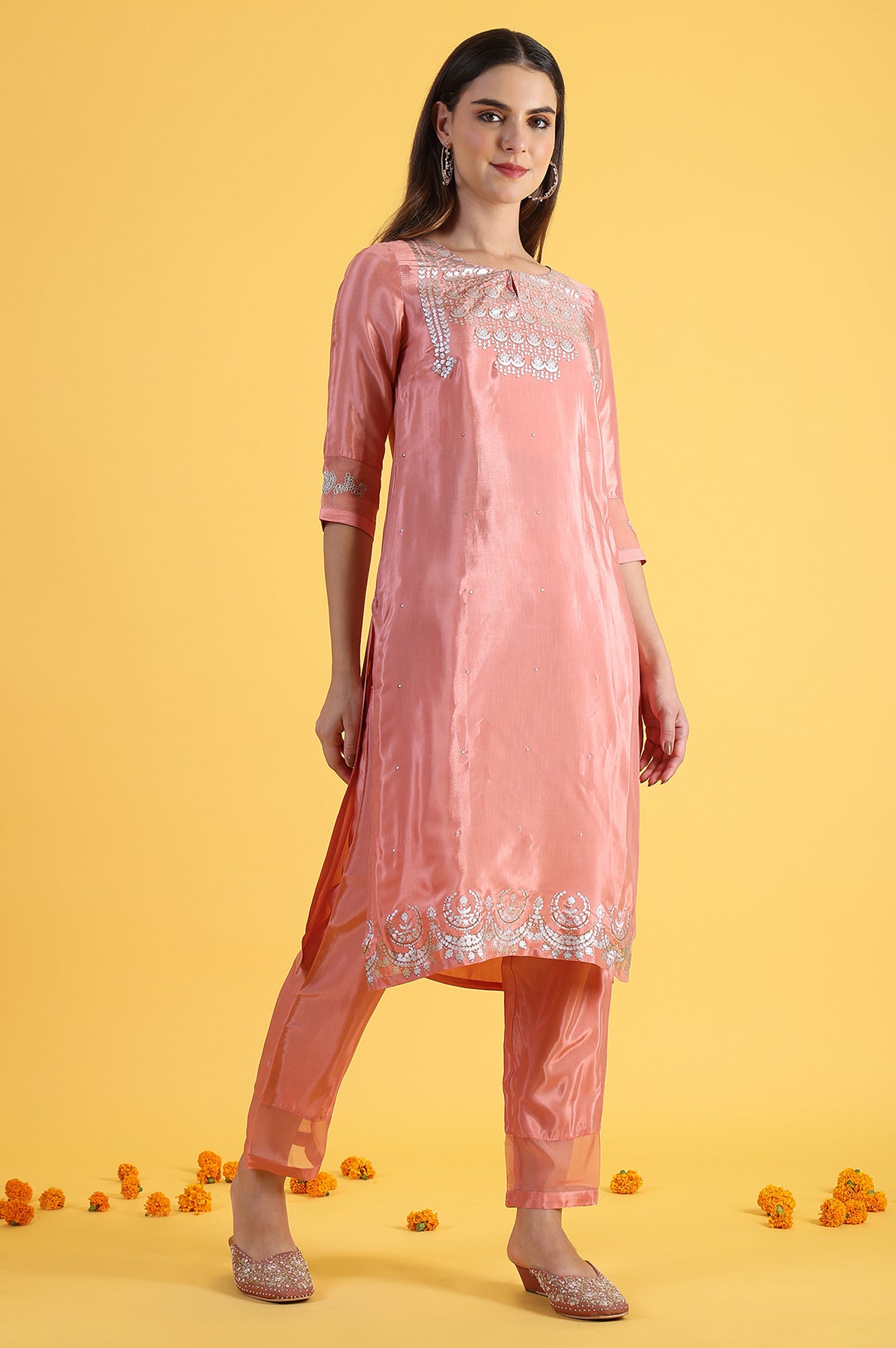 Pink Printed Shantung Straight Kurta in Keyhole Neck
