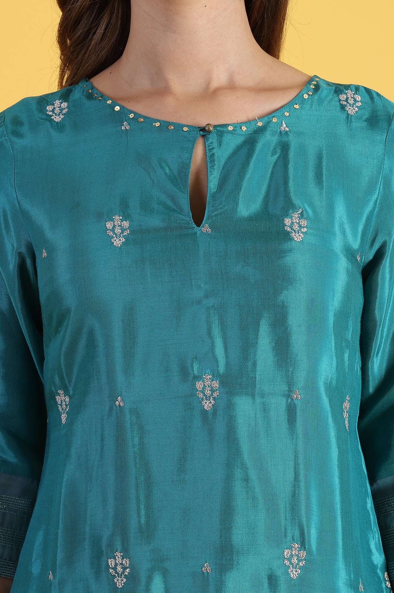 Blue Embroidered Rayon Straight Kurta in Keyhole Neck
