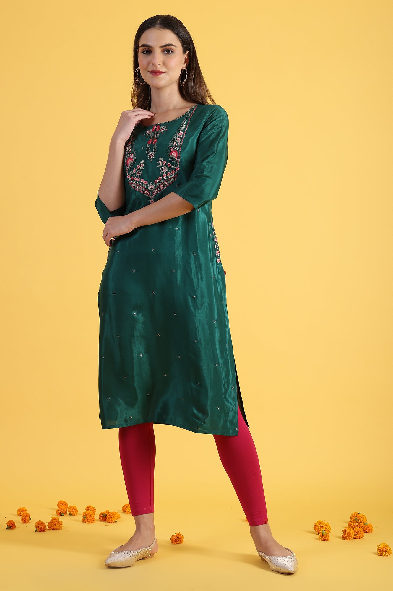 Green Thread Embroidered Straight Festive Kurta