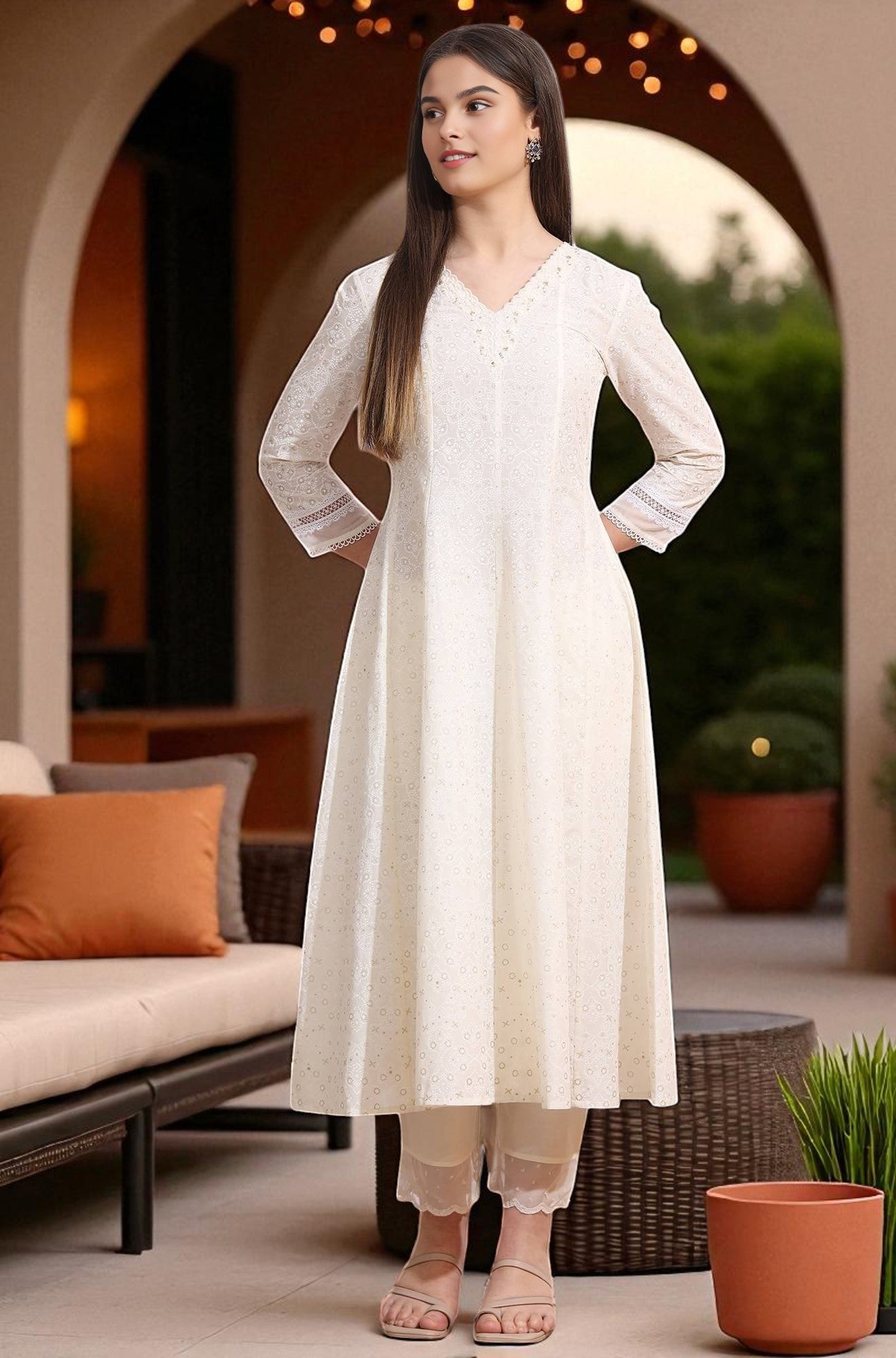 Women's Cotton Graphic Anarkali White Kurta Set main image 1