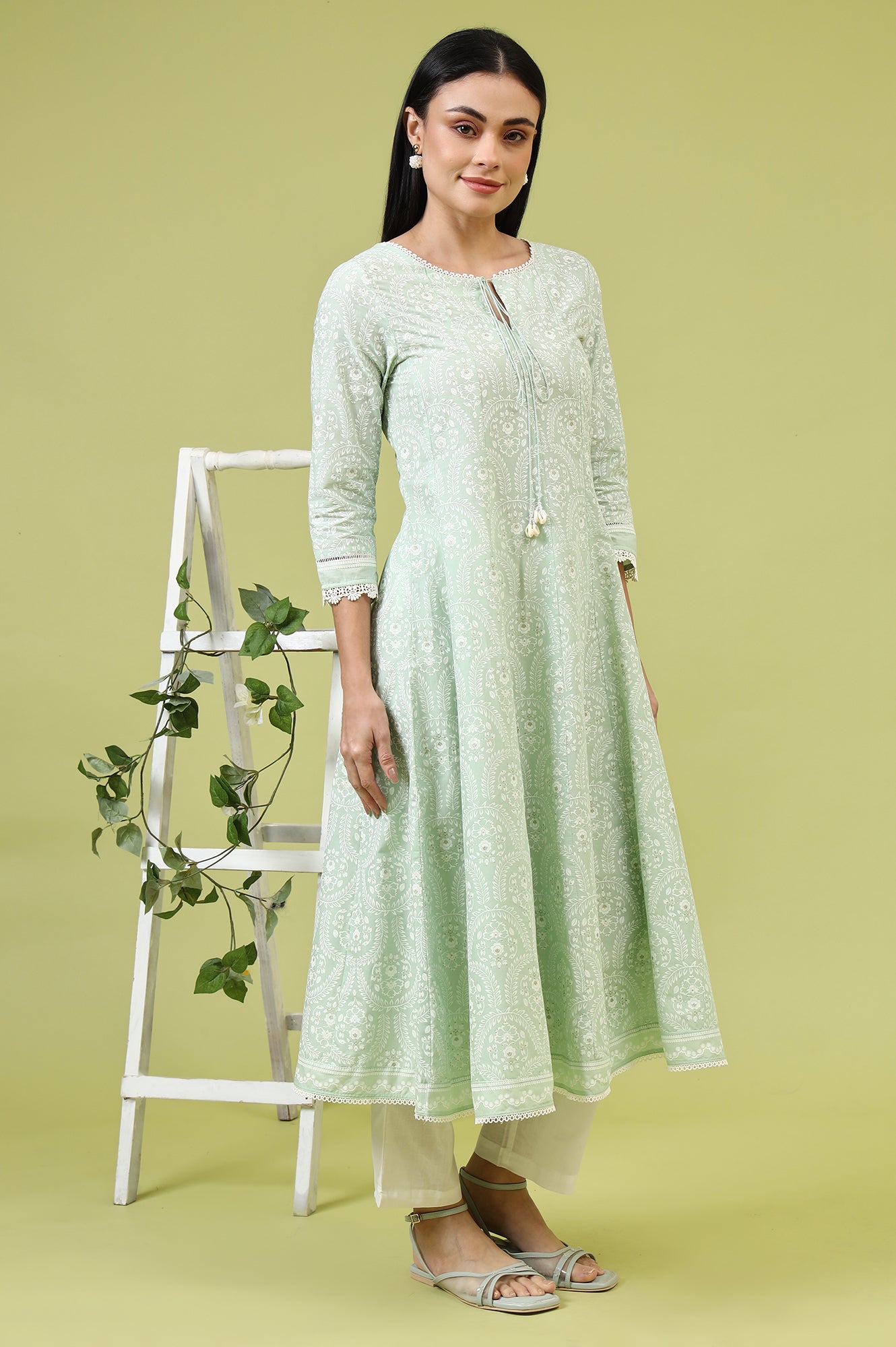 Mint Green Floral Printed Pure Cotton Anarkali Kurta