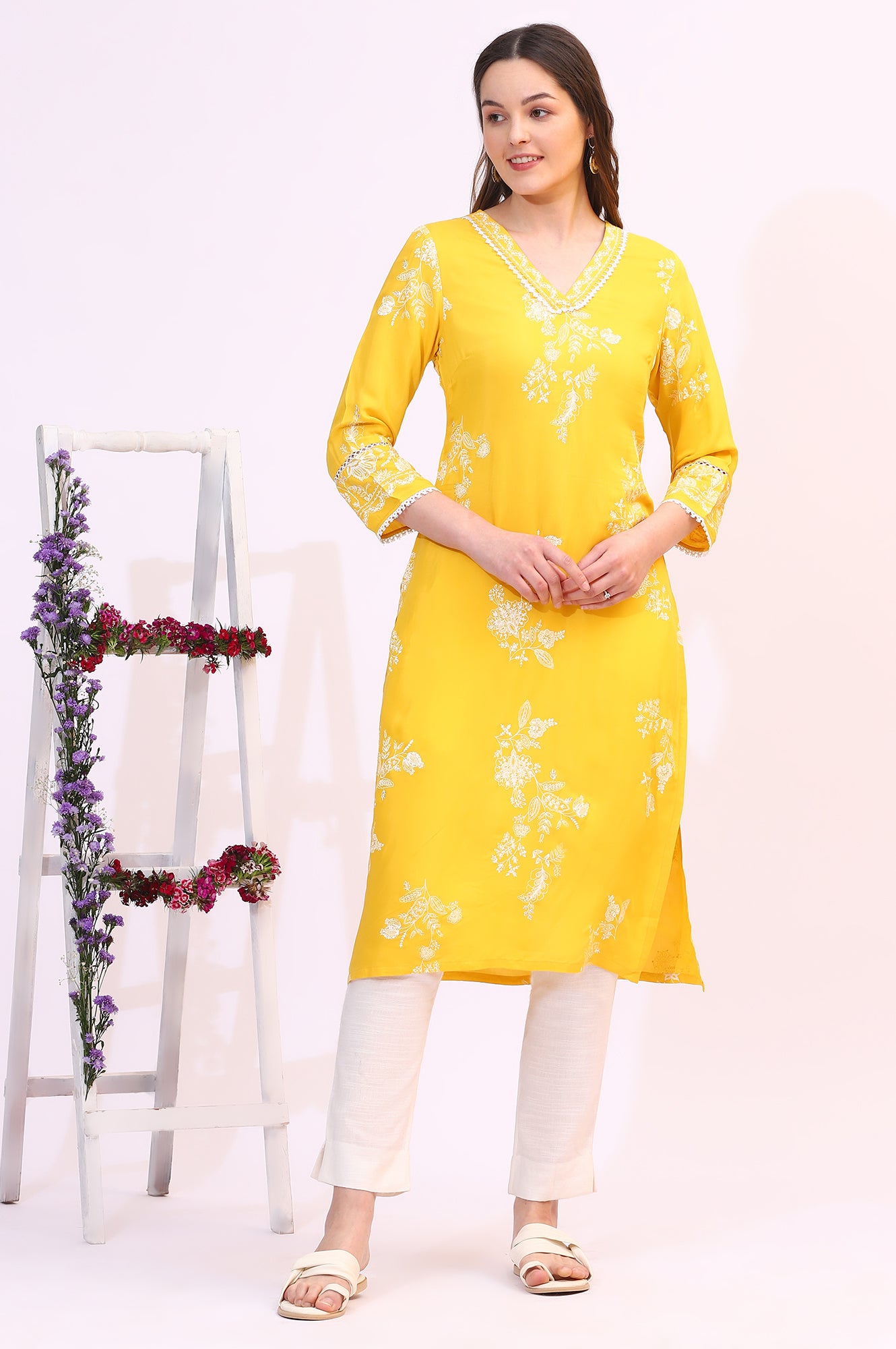 Mango Yellow Floral Printed Shantung A-line Kurta