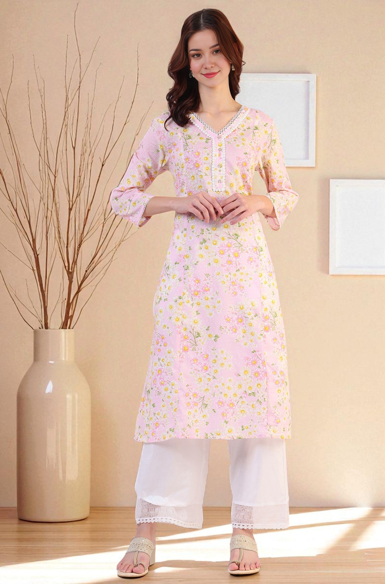 Women’s Beige Cotton Printed Long Kurti | Straight Fit Ethnic Floral Daily Wear Kurta for Women main image 0