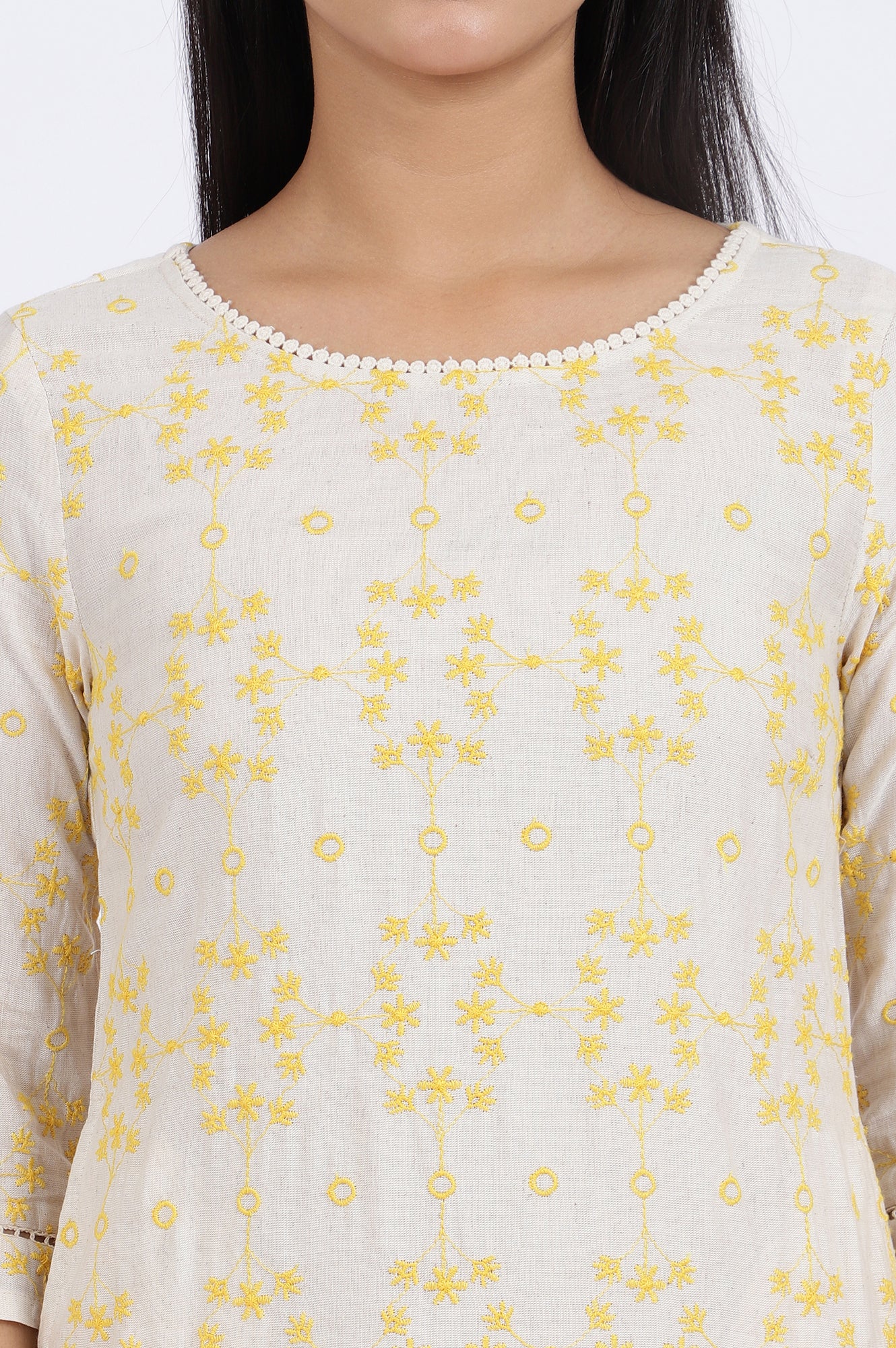 Beige Schiffli Embroidered Straight Rayon Flax Kurta