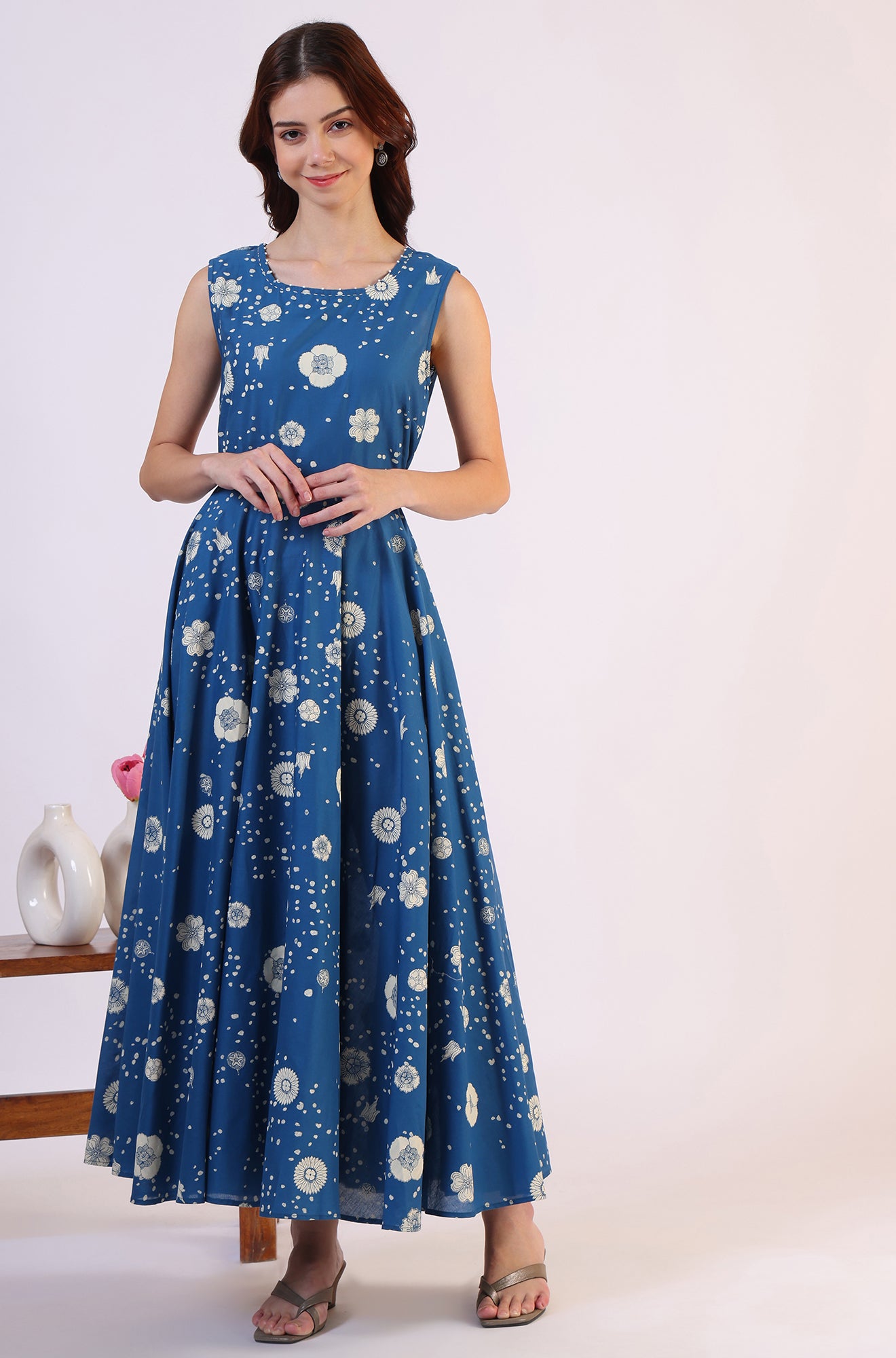 Ocean Blue Floral Printed Pure Cotton Flared Dress in Boat Neck