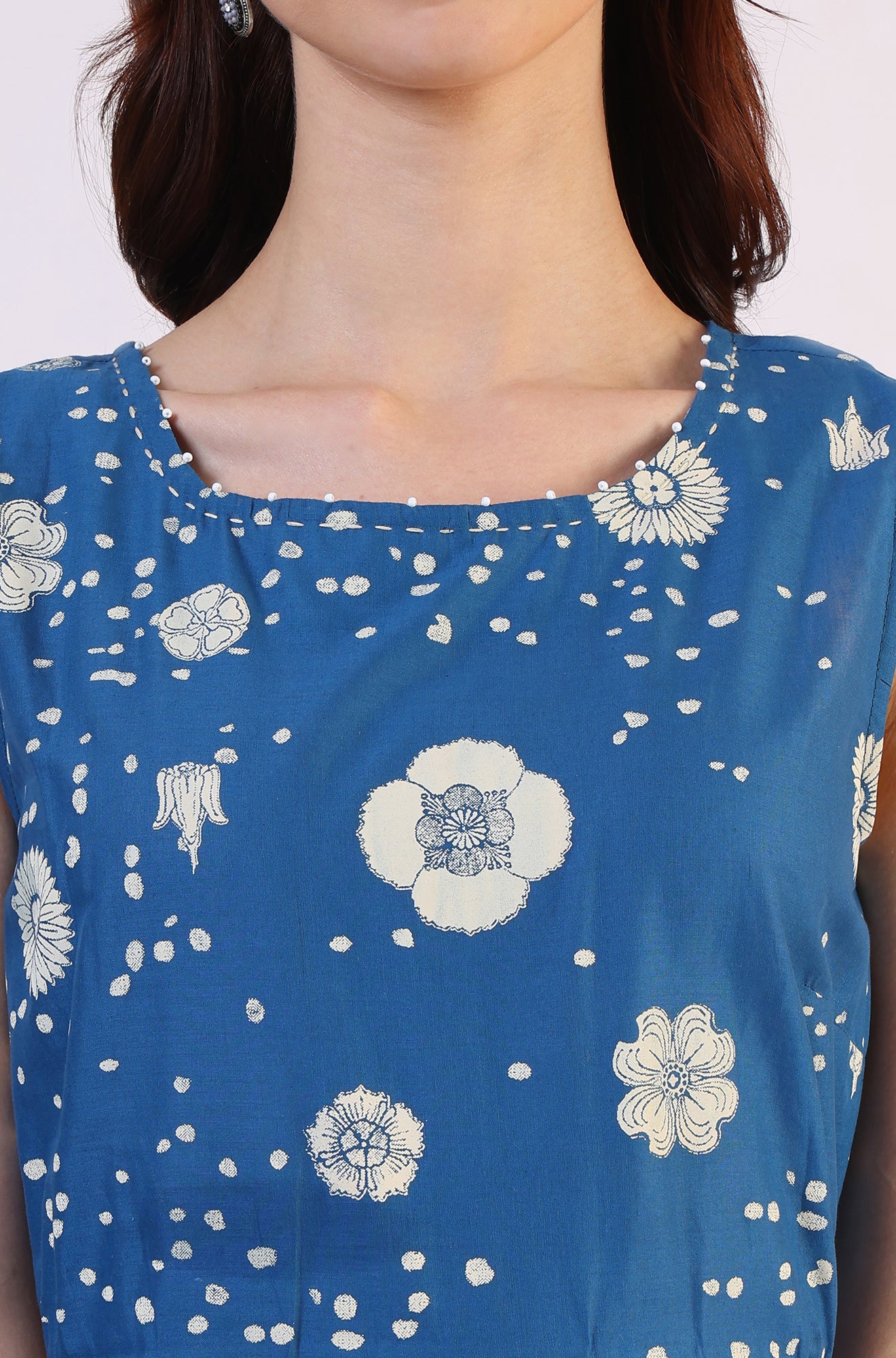 Ocean Blue Floral Printed Pure Cotton Flared Dress in Boat Neck