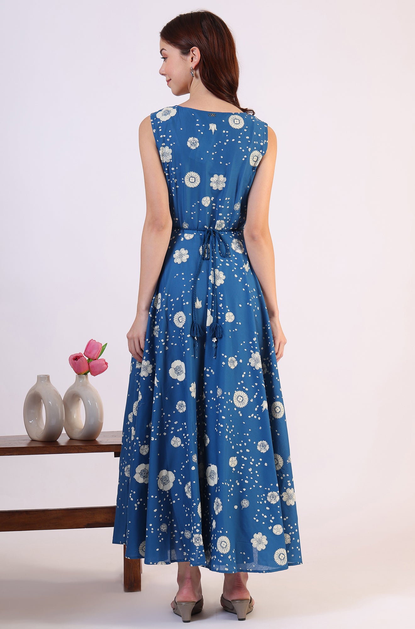 Ocean Blue Floral Printed Pure Cotton Flared Dress in Boat Neck