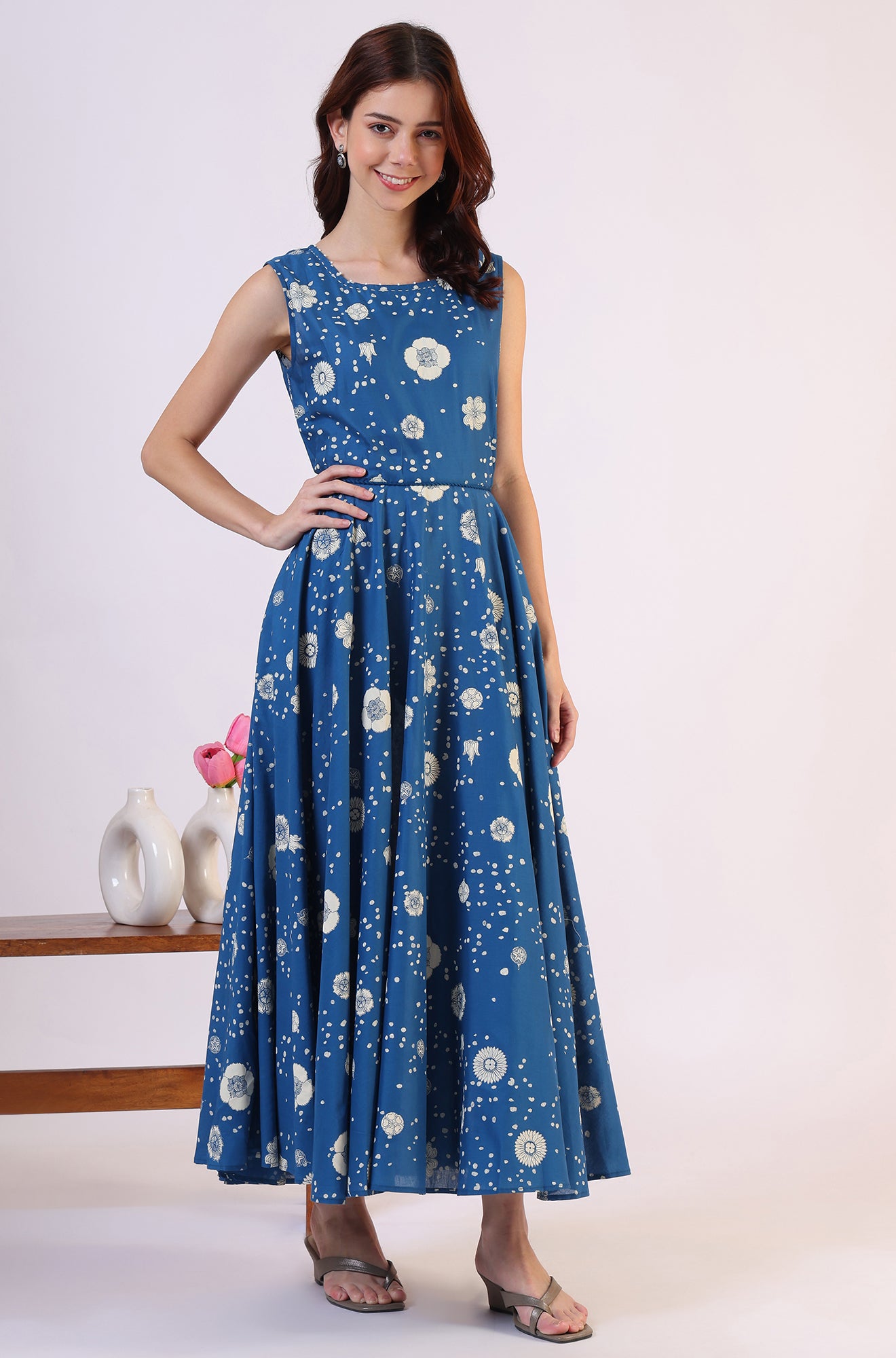 Ocean Blue Floral Printed Pure Cotton Flared Dress in Boat Neck