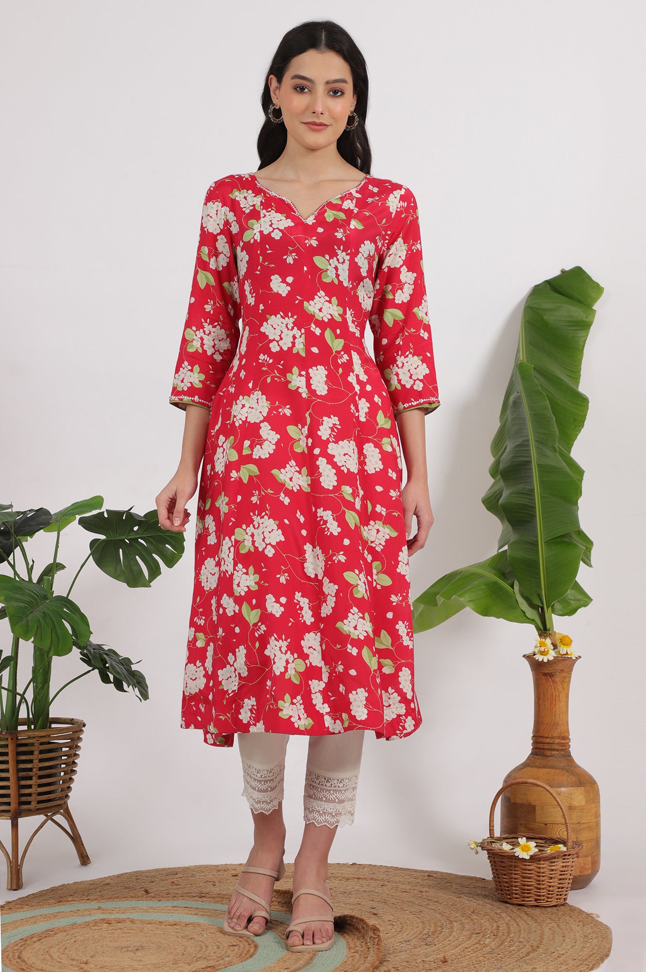 Red Floral Printed Rayon A-line Kurta
