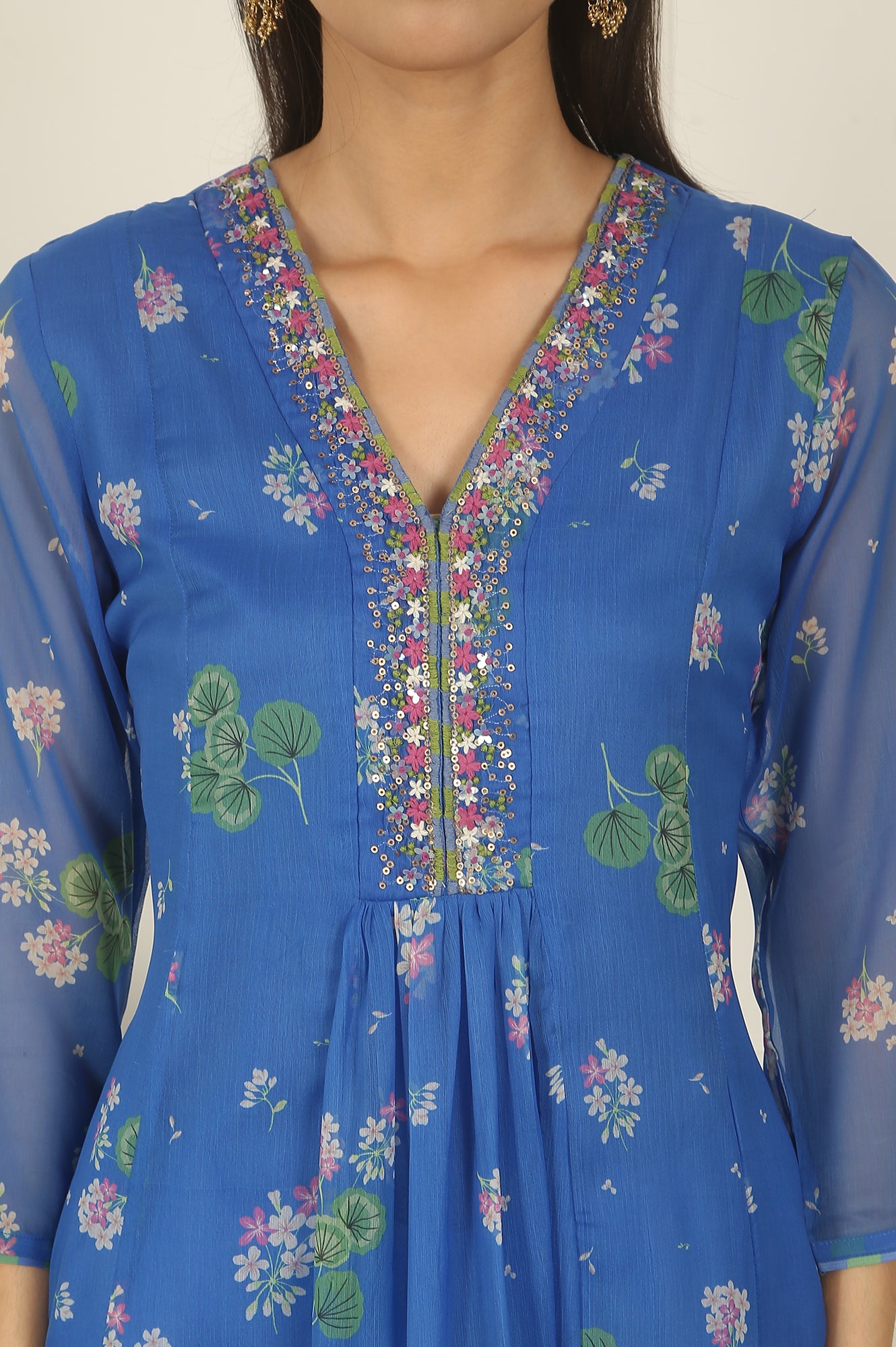 Blue Chiffon Floral Printed Gathered Kurta