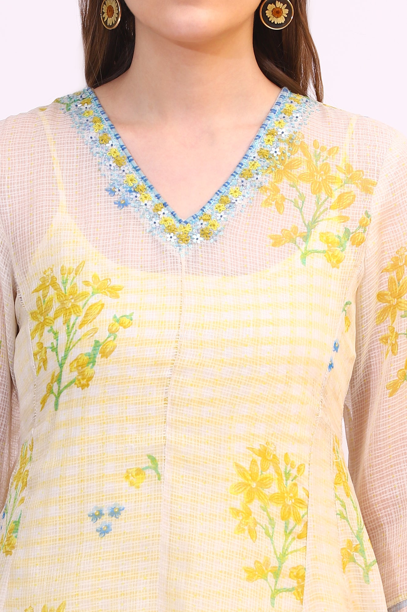 White Floral Printed Sequined Kota Layered Kurta