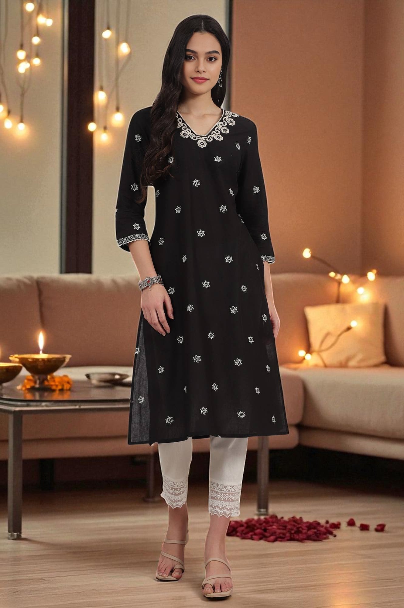 【R&B】Lady Aspora Women's Bandhani Printed Straight Kurta With Palazzo(KS-BL