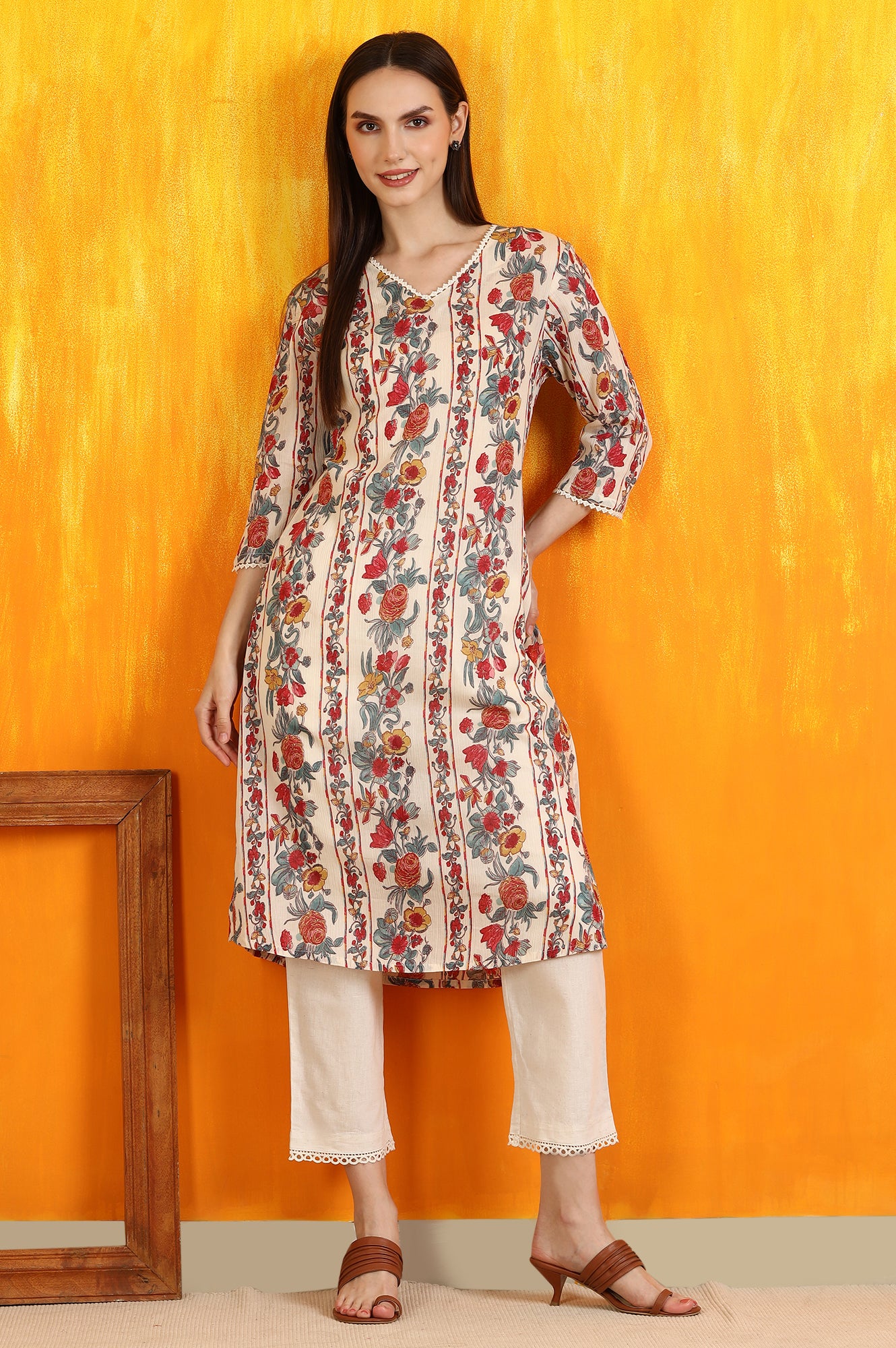 Off-White Floral Printed Rayon Crepe Top with Lace