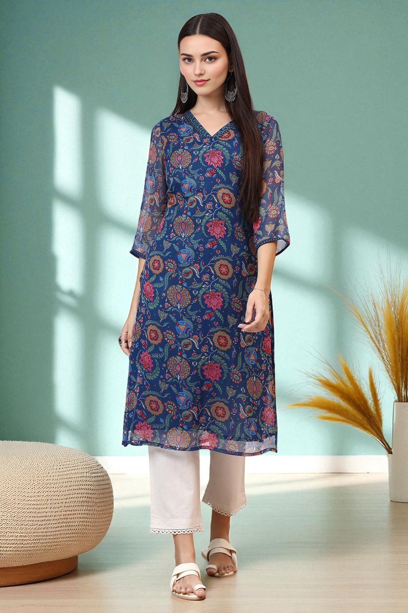 Blue Floral Printed Chiffon Straight Kurta – wforwoman