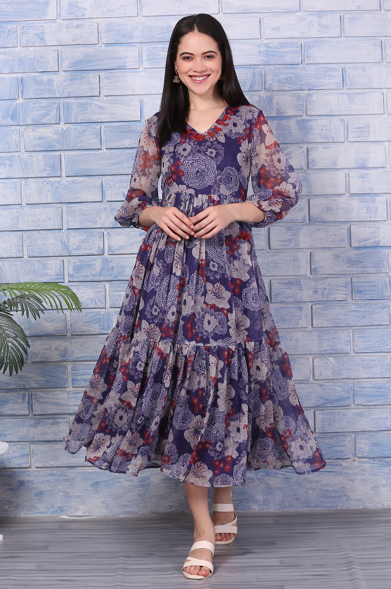 Buy Purple Floral Printed Chiffon Gathered Dress Online for Woman
