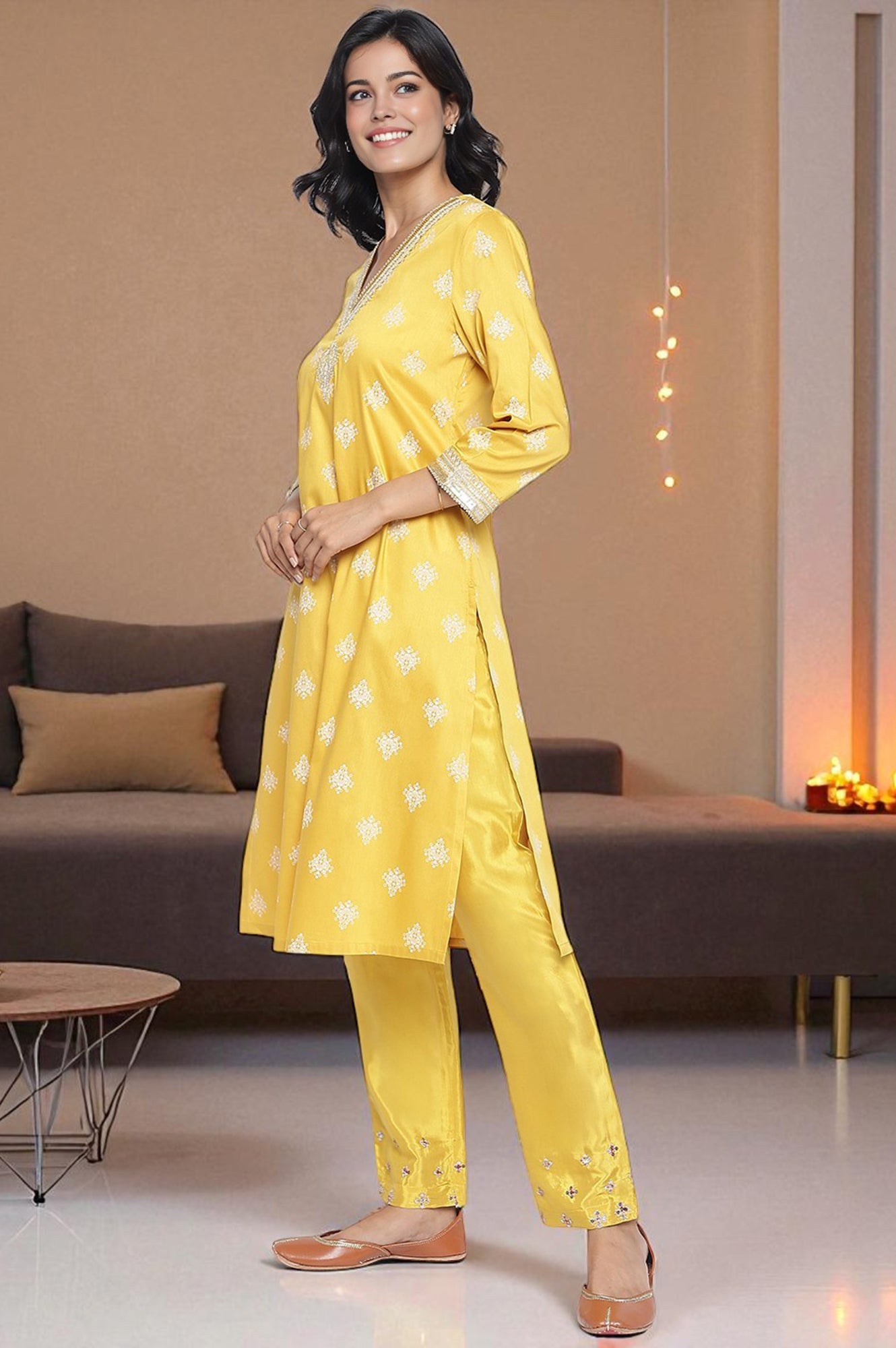 Mustard Yellow Printed A-line Kurta