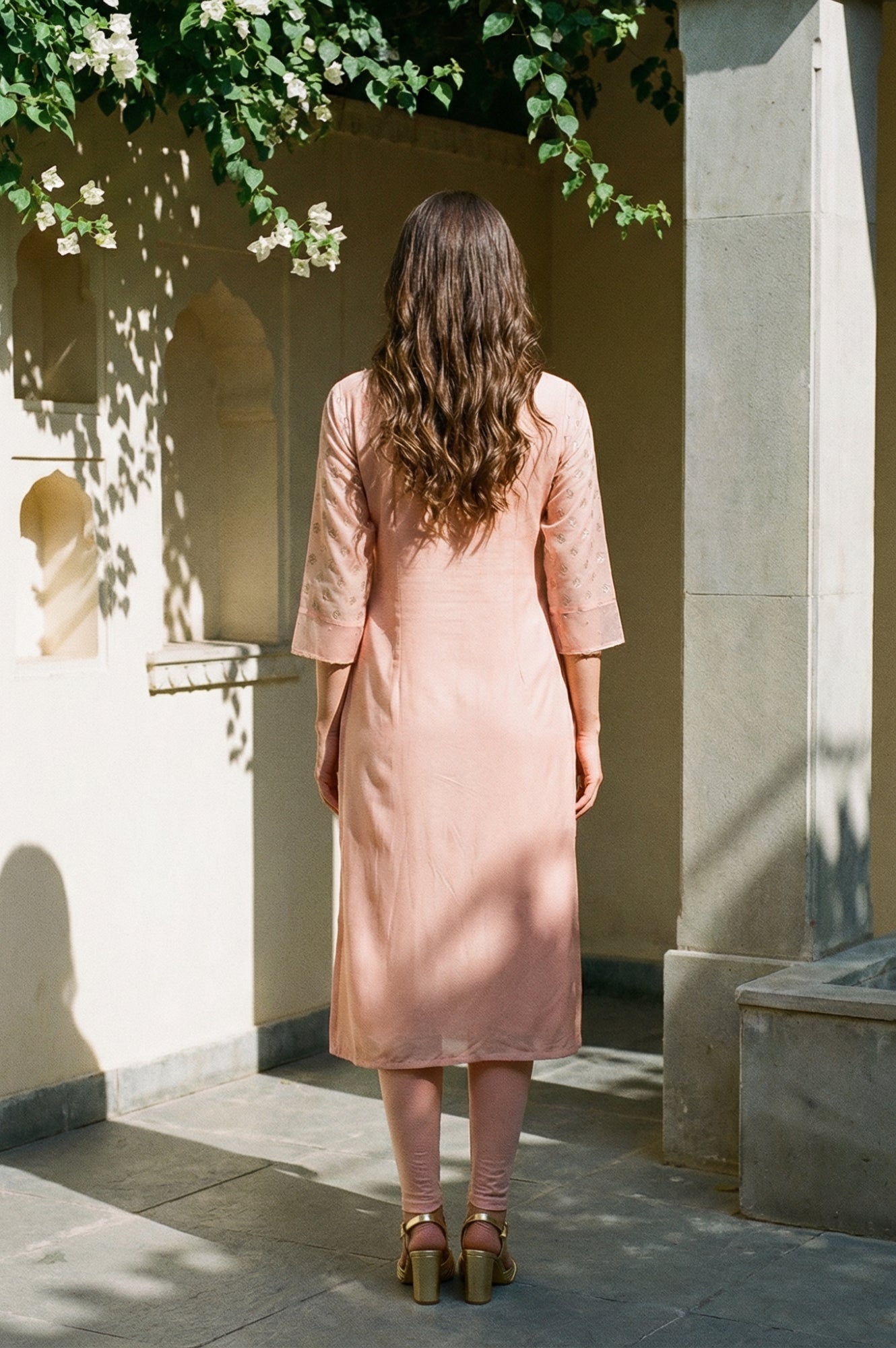 Peach Glitter Printed Rayon Straight Kurta with Embroidered Neck