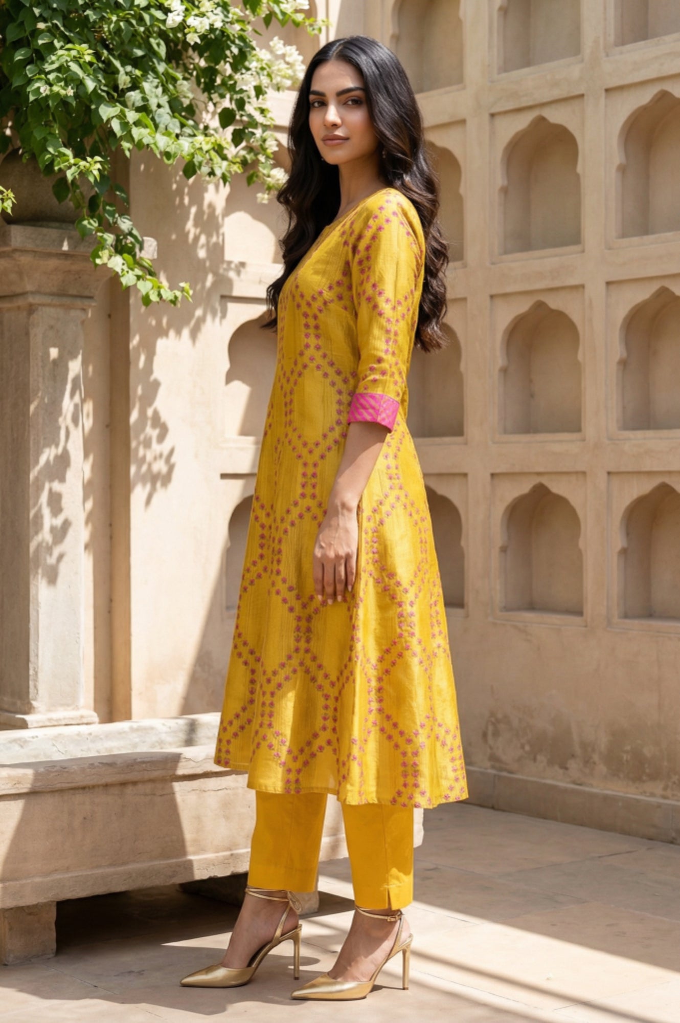 Marigold Yellow Floral Printed Straight Shantung Kurta