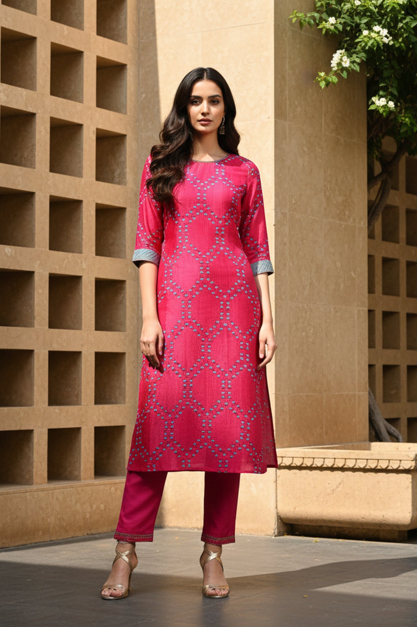 Pink Floral Printed Straight Shantung Kurta