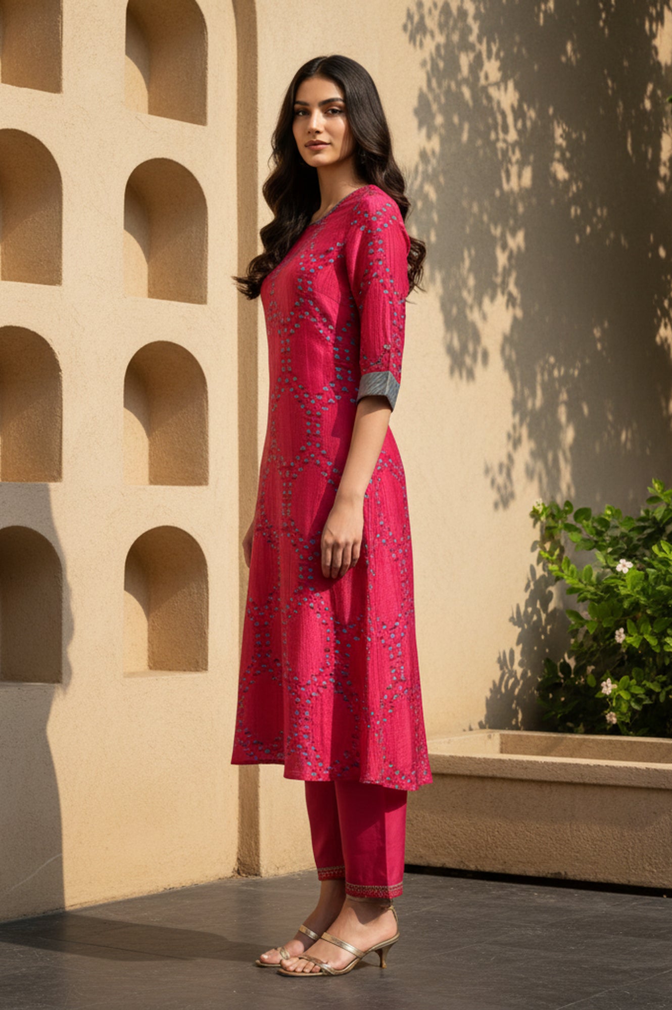 Pink Floral Printed Straight Shantung Kurta