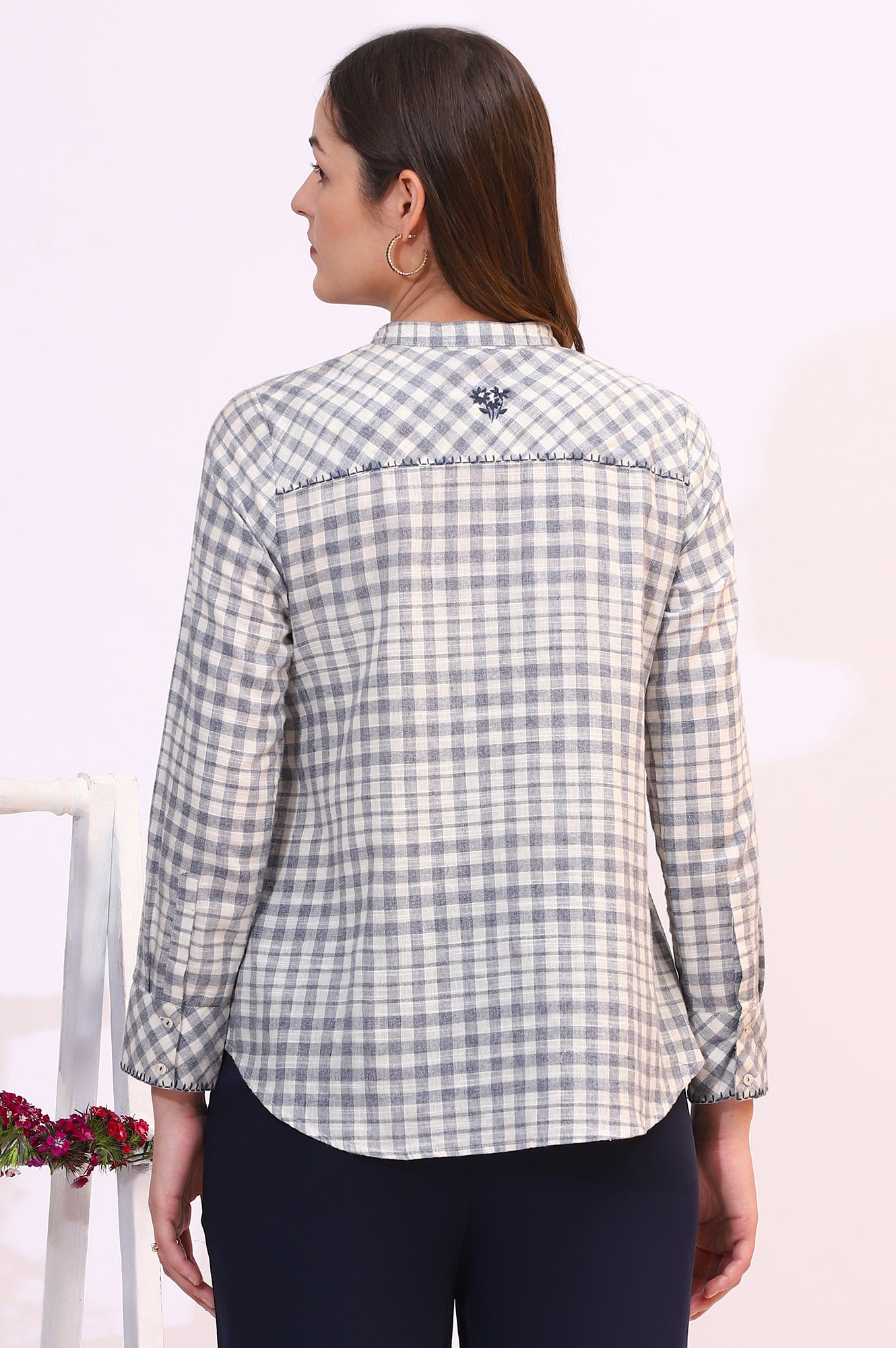 Off-White and Blue Checker Thread Embroidered Cotton Flax Shirt