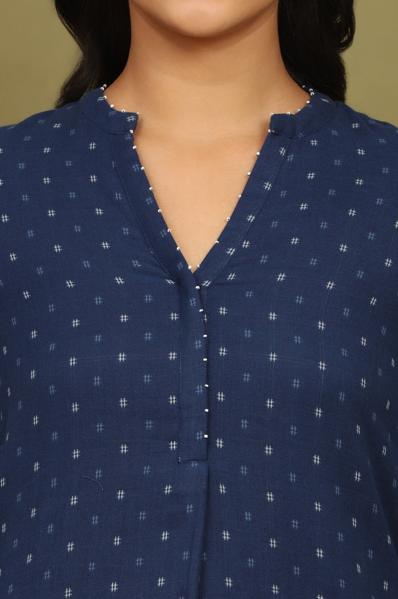 Indigo Blue Yarn Dyed Pure Cotton Top with Beads