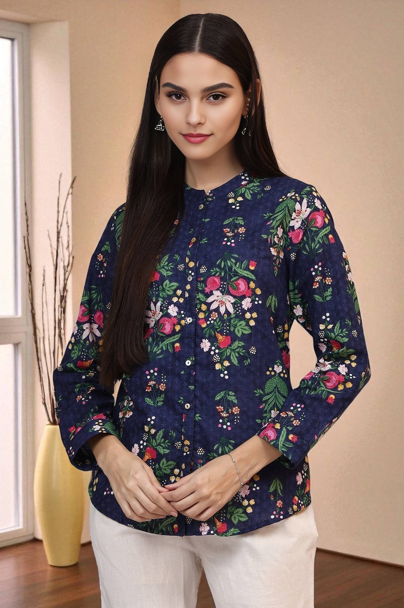 Navy Blue Floral Printed Pure Cotton Ethnic Shirt XS