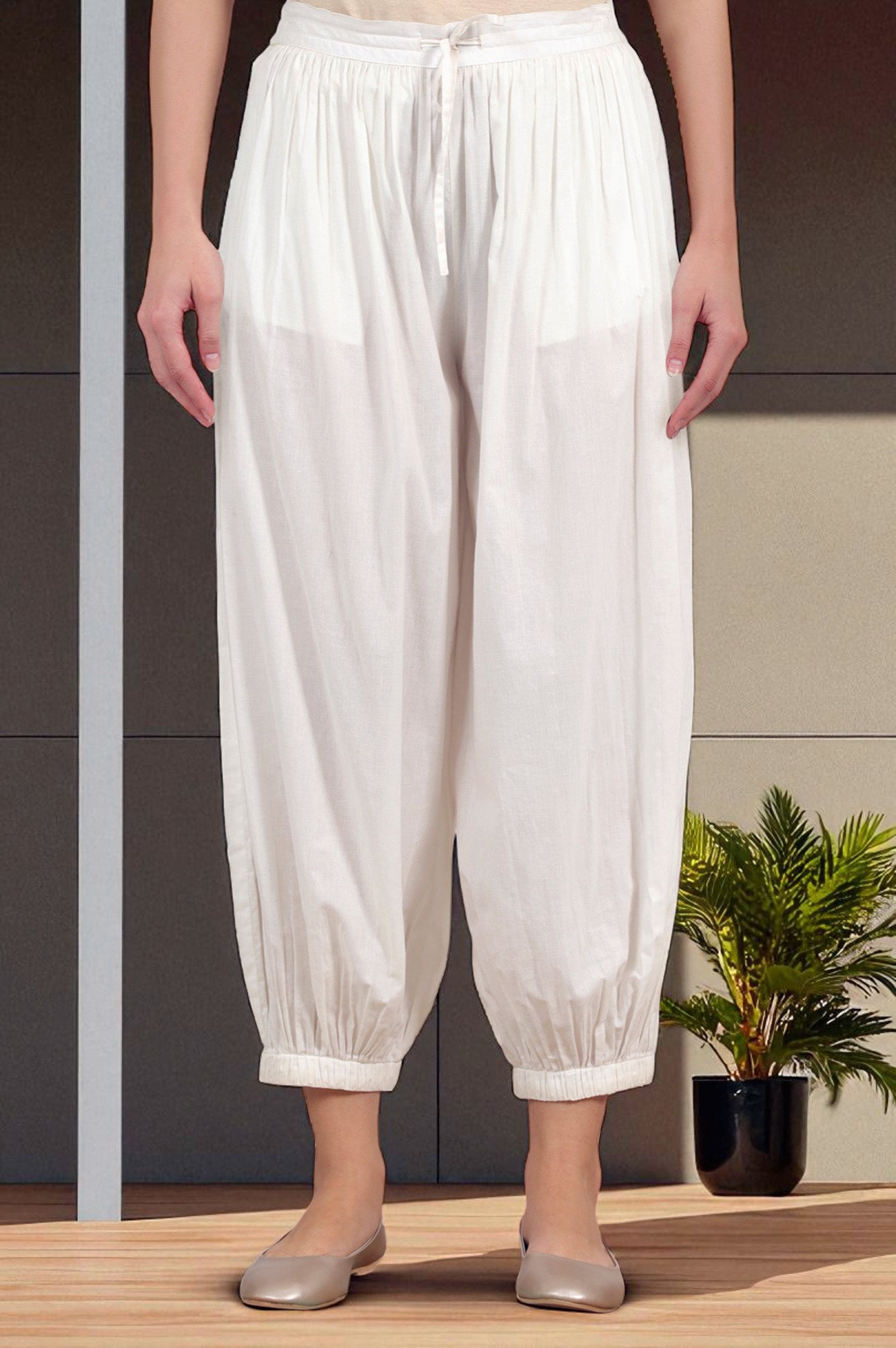 White Ankle Length Pure Cotton Gathered Pants S1