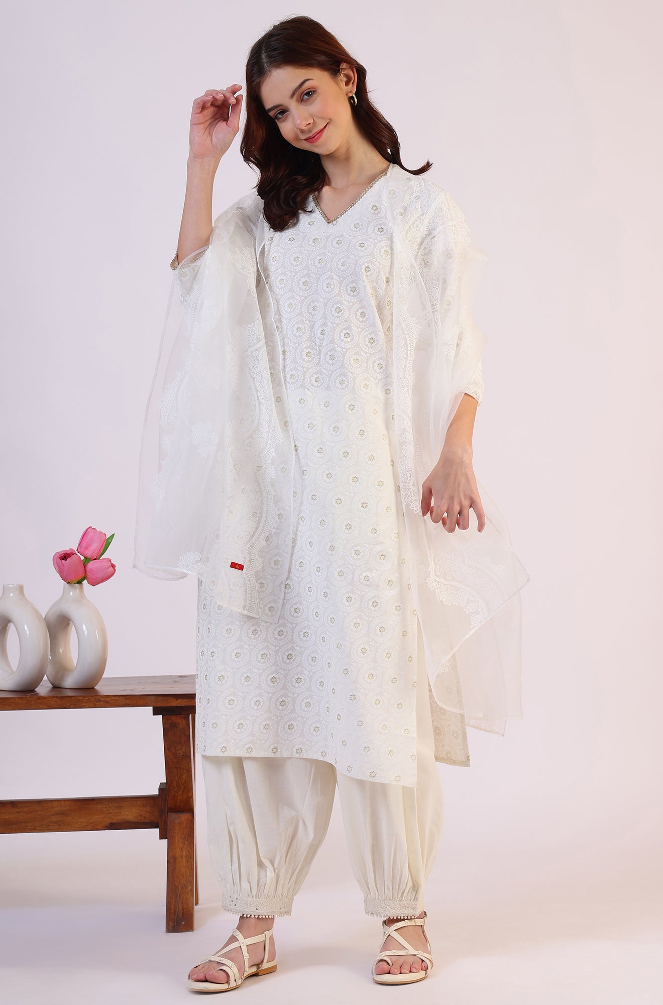 White Floral Printed Polyester Dupatta