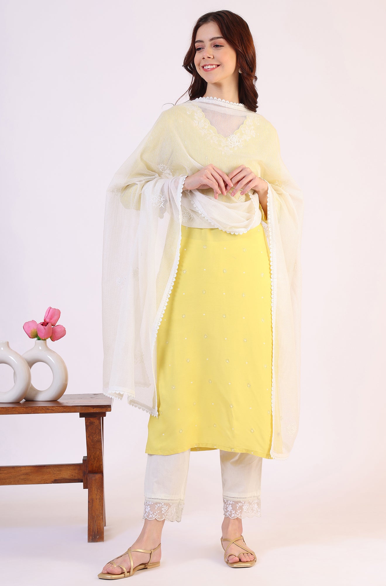 White Embroidered Lace Nylon Dupatta