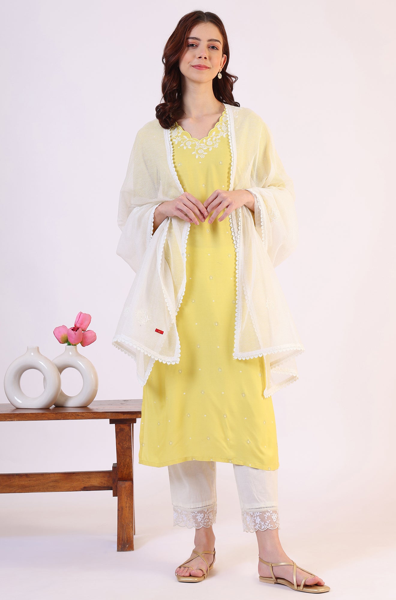 White Embroidered Lace Nylon Dupatta