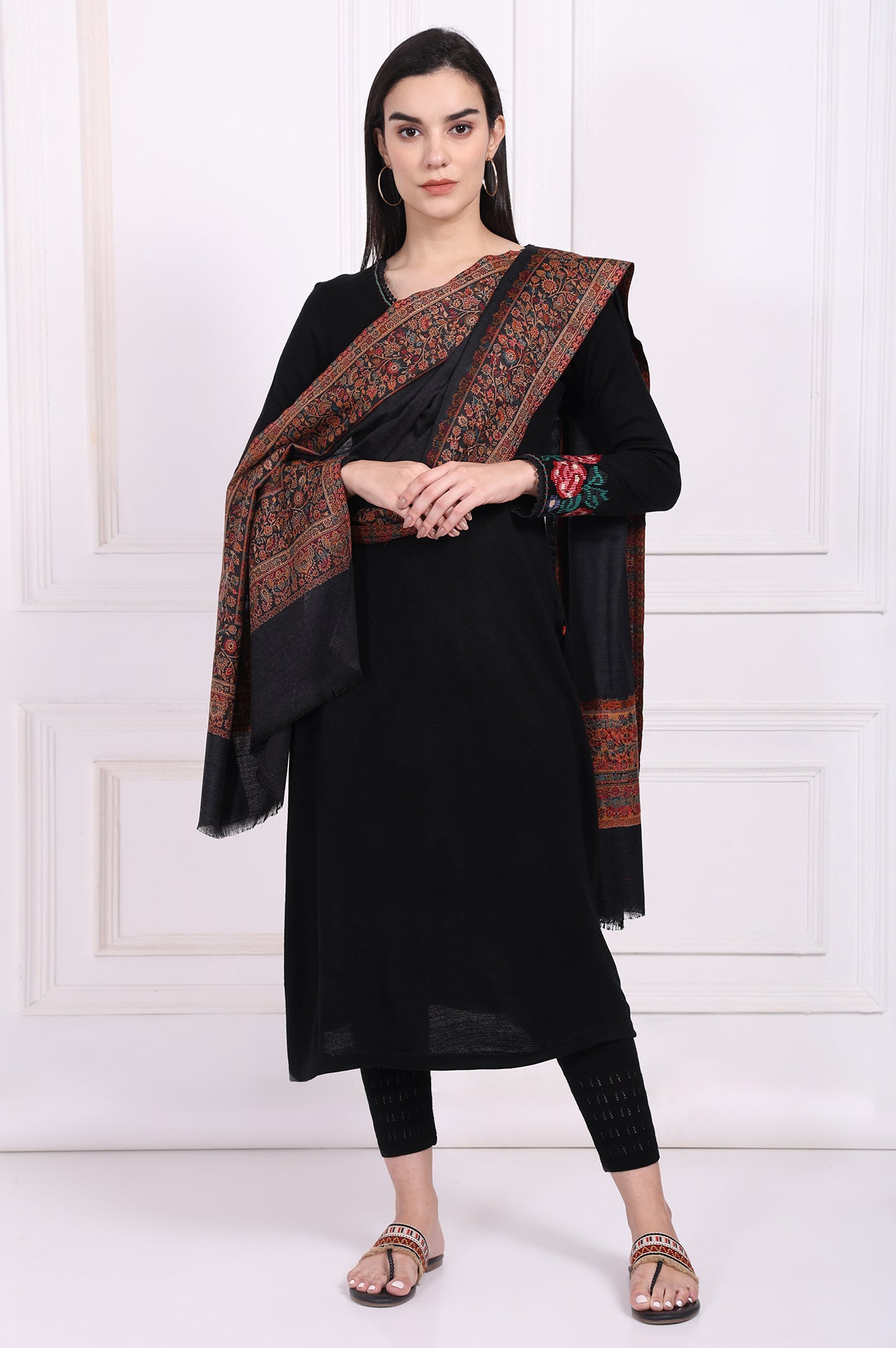 Black Ethnic Motifs Paisley Wool Shawl – wforwoman