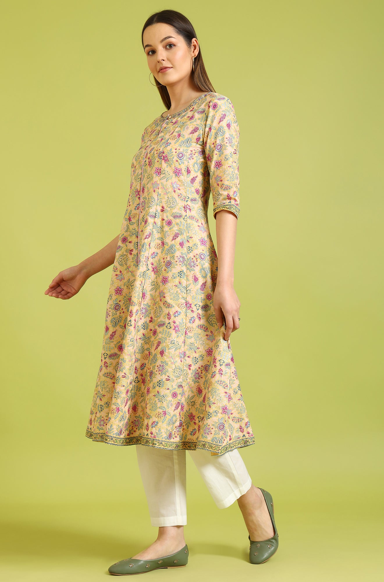 Light Yellow Floral Glitter Printed Pure Cotton Anarkali Kurta and Pants Set