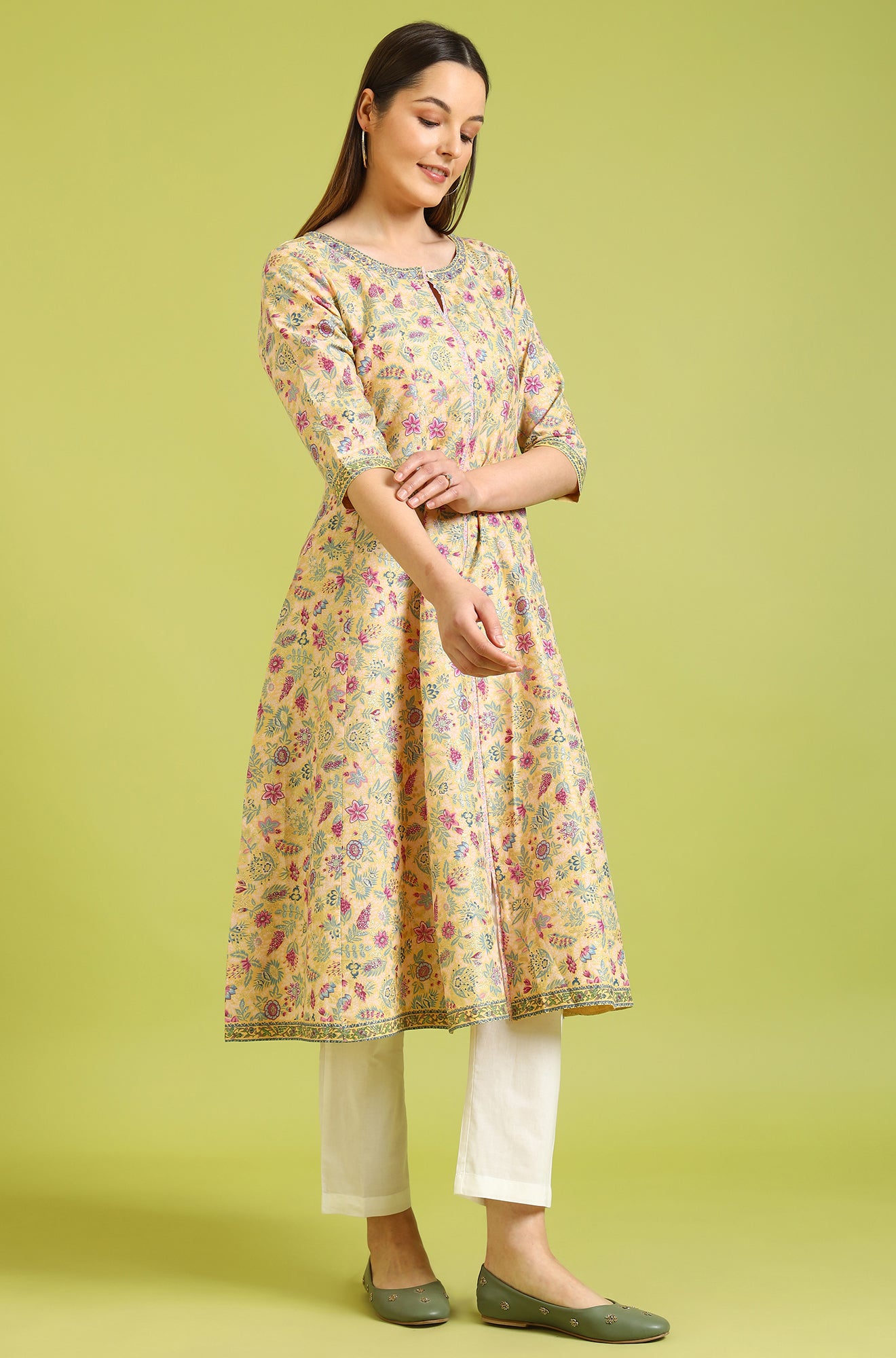 Light Yellow Floral Glitter Printed Pure Cotton Anarkali Kurta and Pants Set