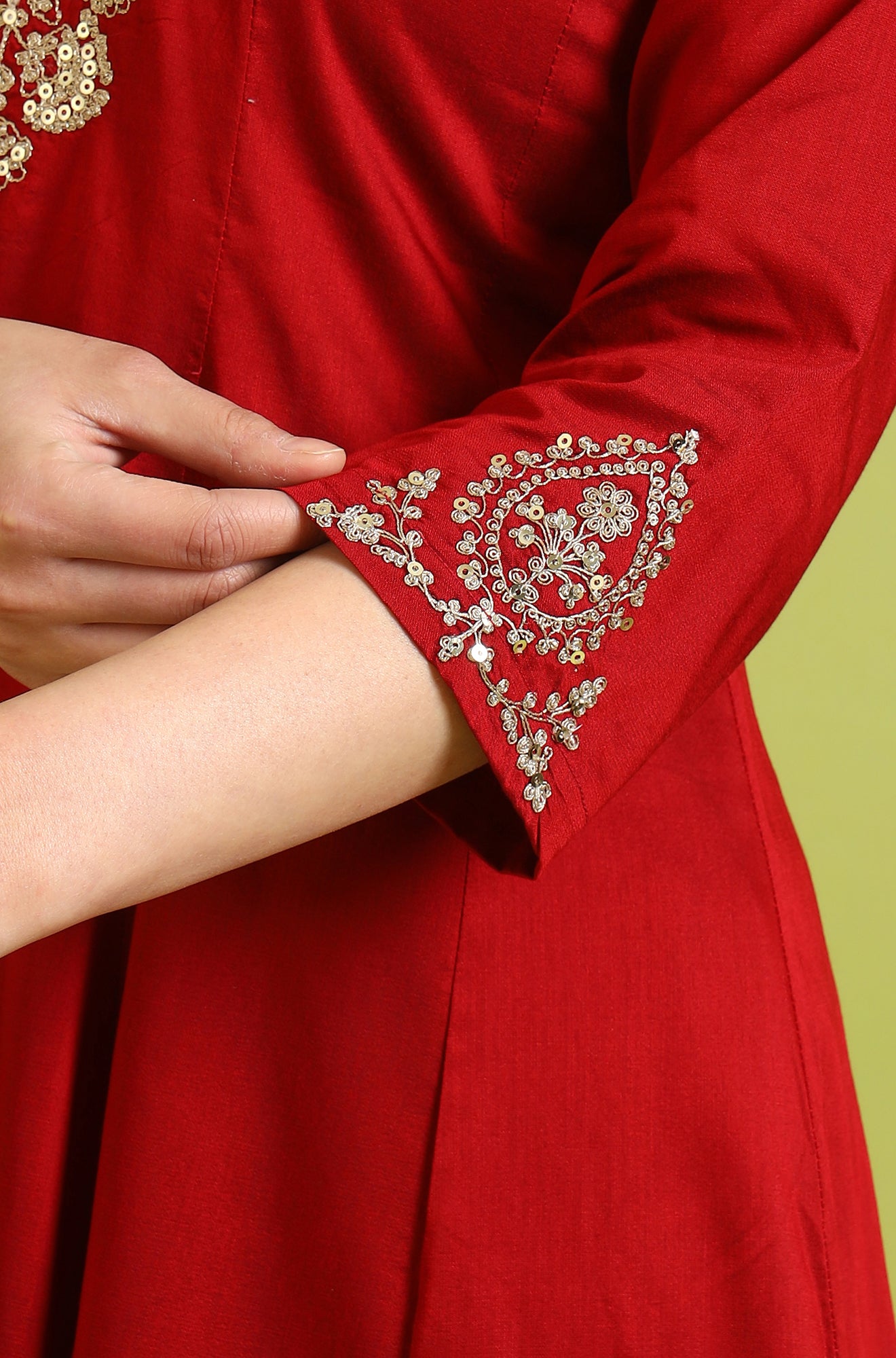 Dark Red Metallic Embroidered Anarkali Kurta, Pants and Dupatta Set