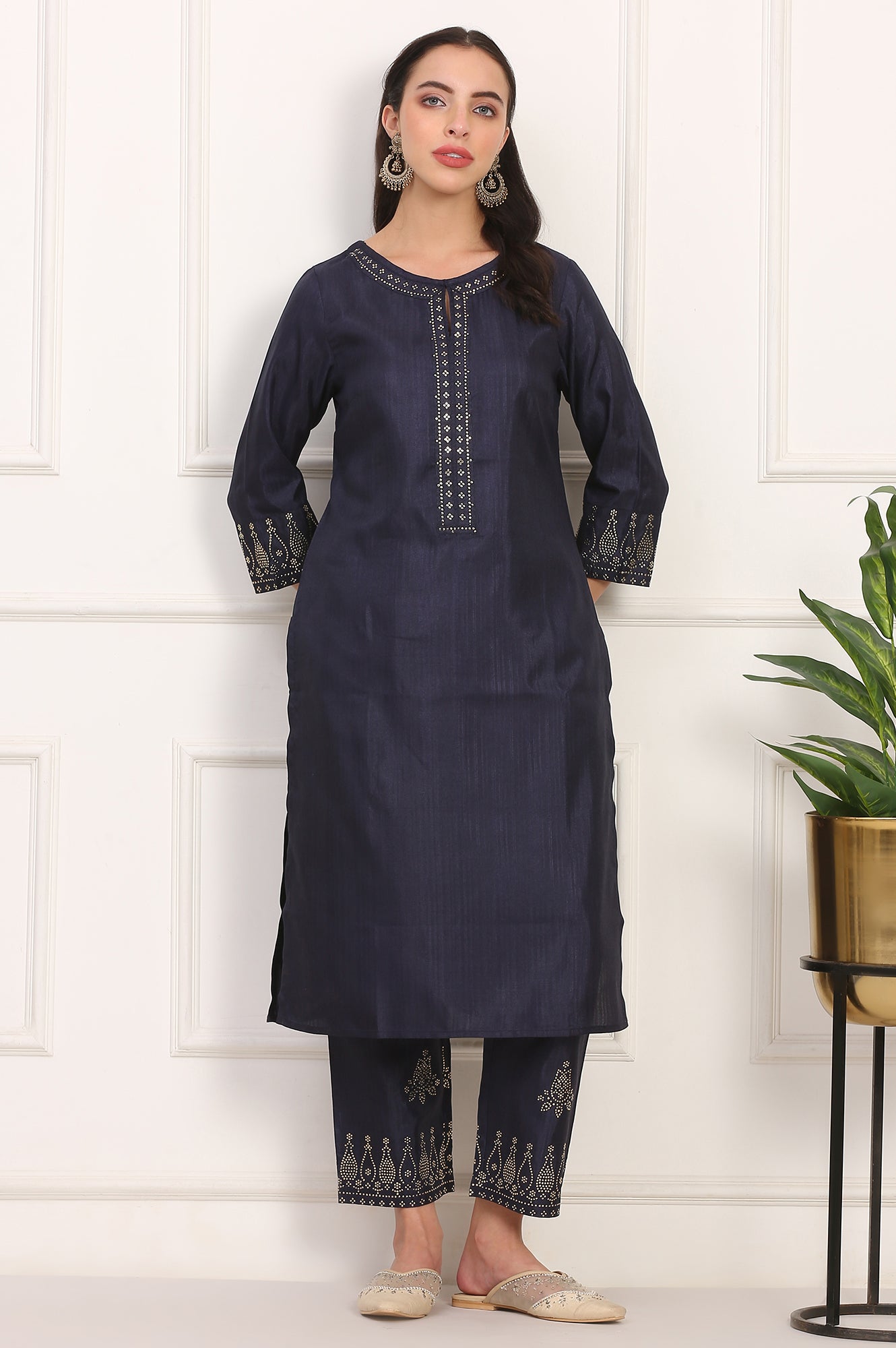 Navy Blue Mukaish Embellished Straight Kurta and Straight Pants Co-ord Set