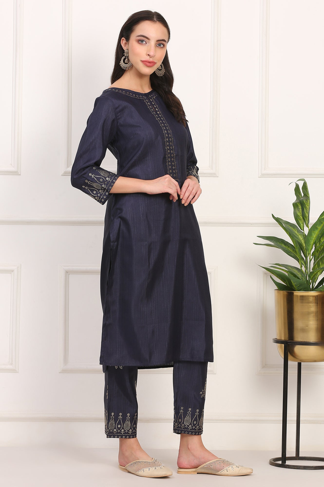 Navy Blue Mukaish Embellished Straight Kurta and Straight Pants Co-ord Set