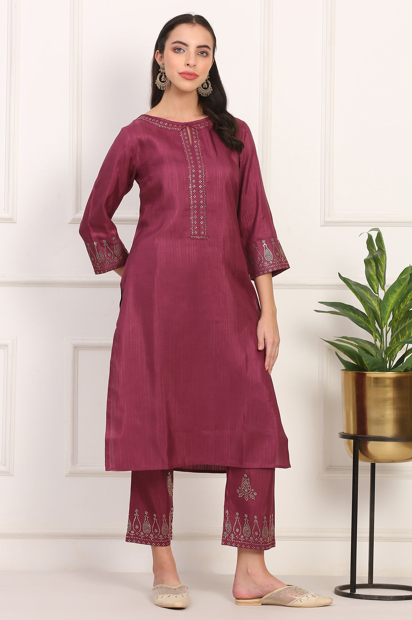 Purple Mukaish Embellished Straight Kurta and Straight Pants Co-ord Set