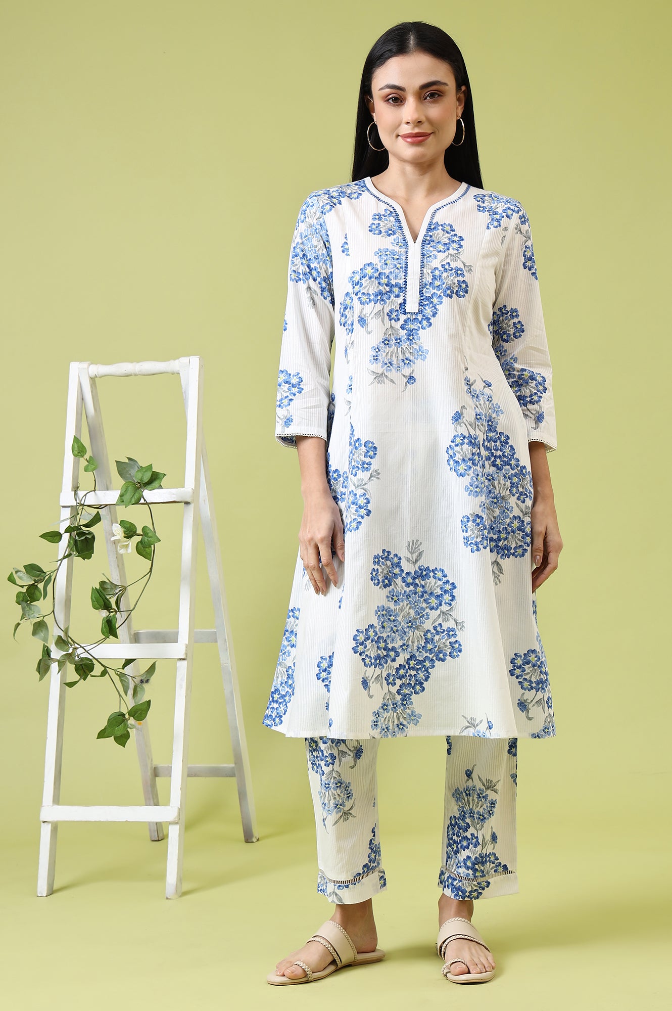 White Floral Printed Pure Cotton Flared Kurta and Pants Co-ord Set
