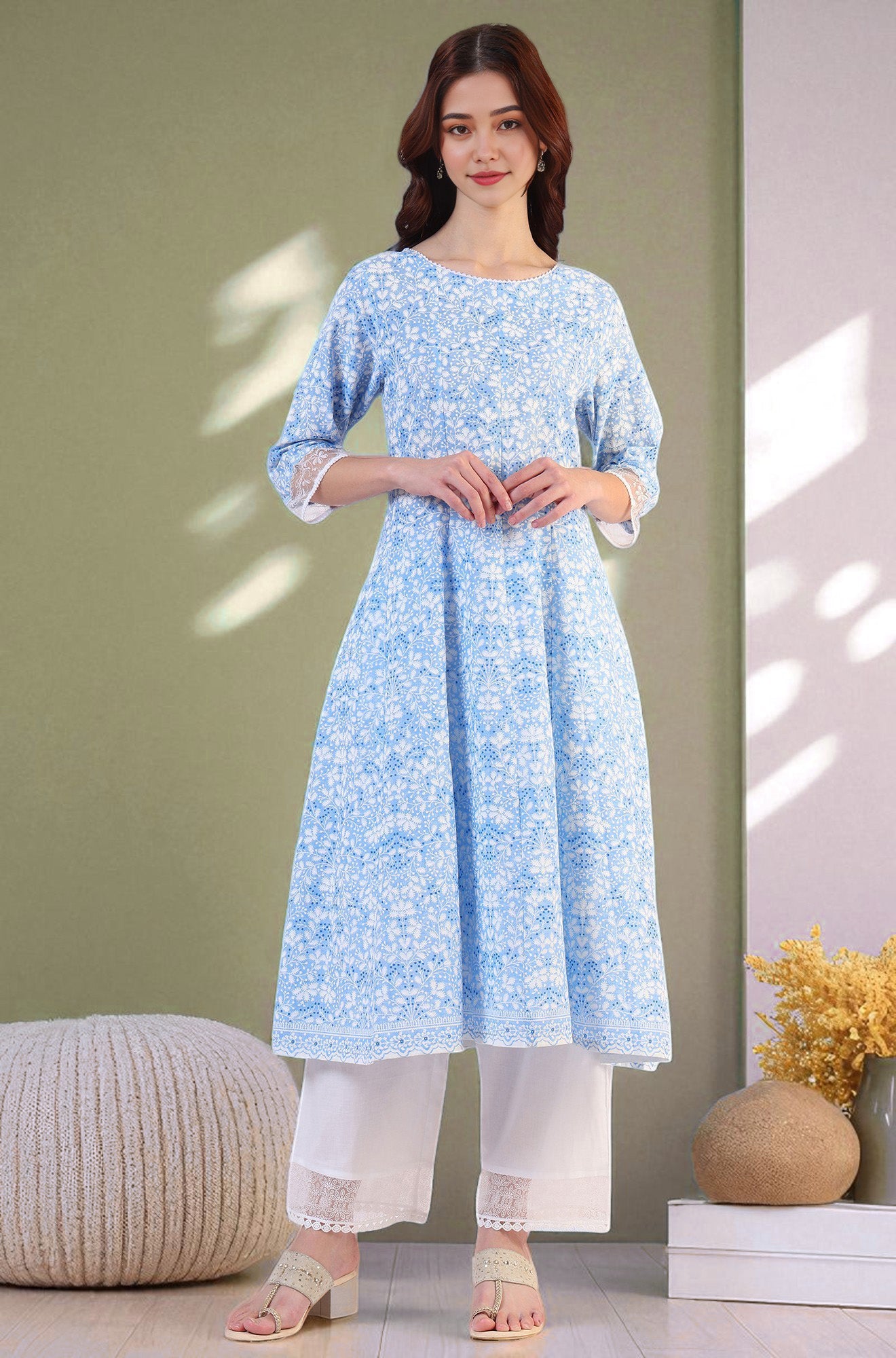 Light Blue Floral Printed Pure Cotton Anarkali Kurta and Straight
