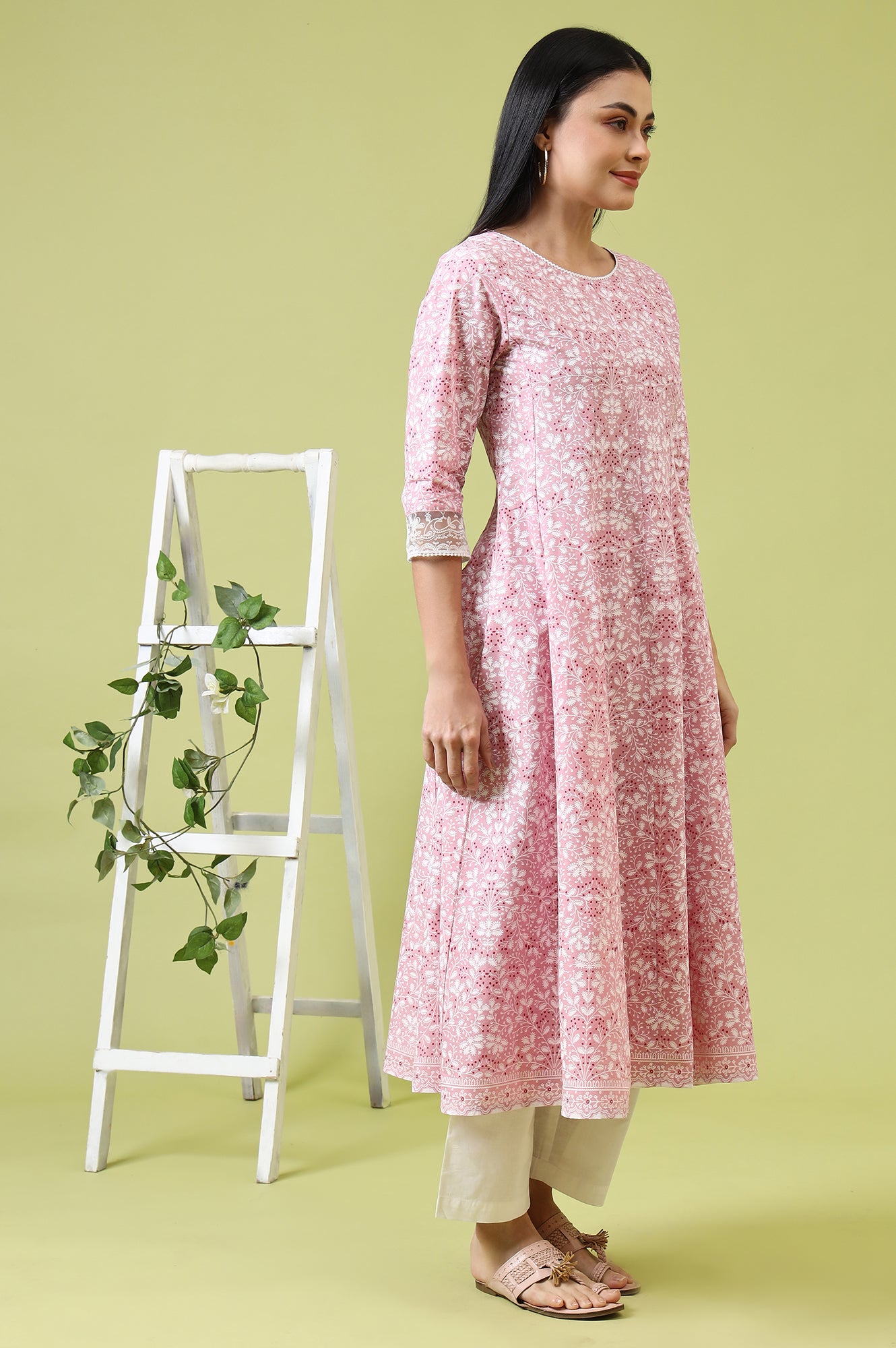 Pink Floral Printed Pure Cotton Anarkali Kurta and Straight Pants Set