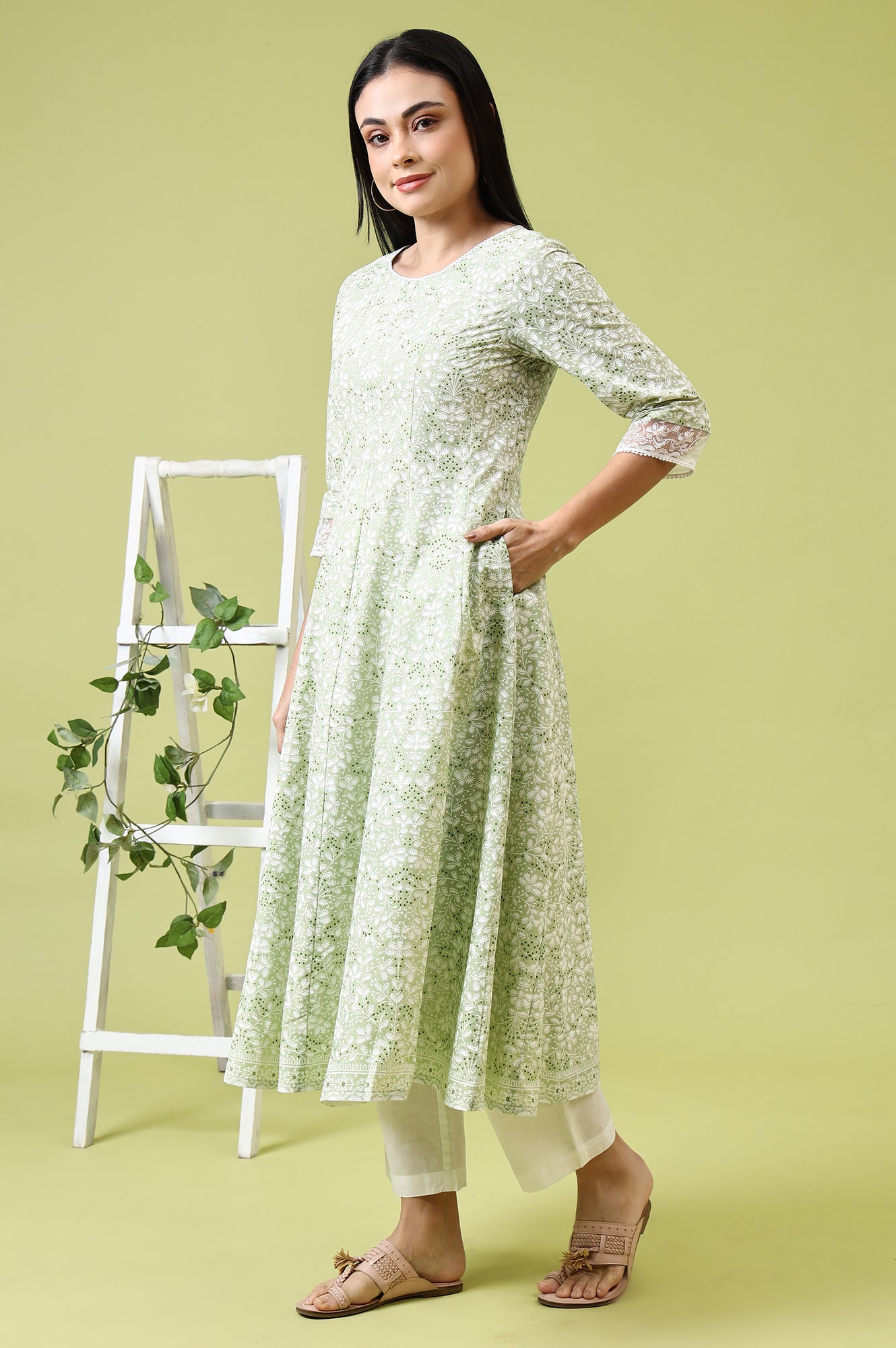 Green Paisley Printed Pure Cotton Anarkali Kurta and Pants Set