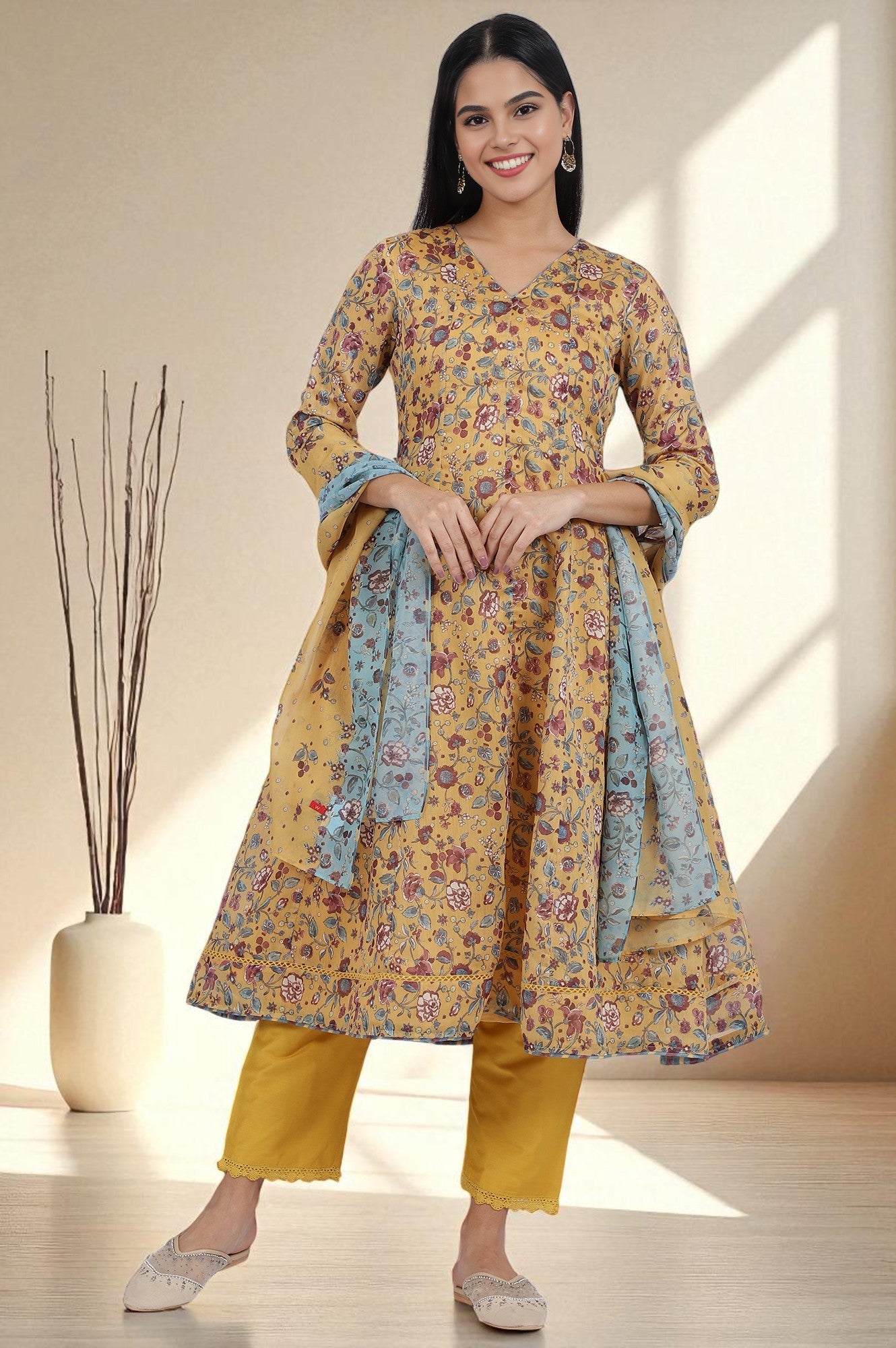 Yellow Floral Printed Chanderi Anarkali Kurta and Pants Set with