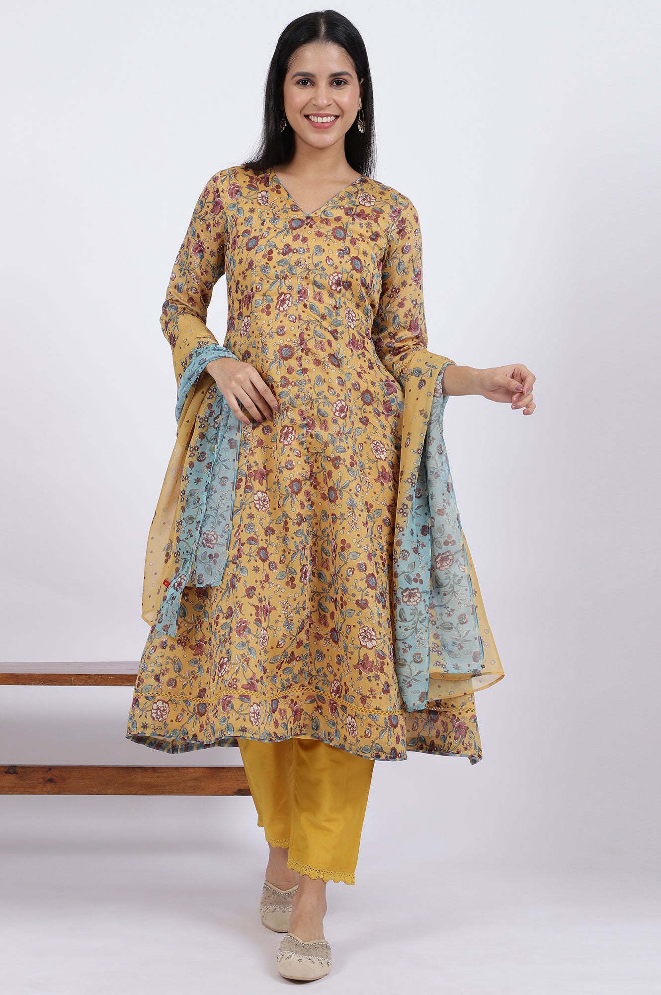 Yellow Floral Printed Chanderi Anarkali Kurta and Pants Set with Dupatta