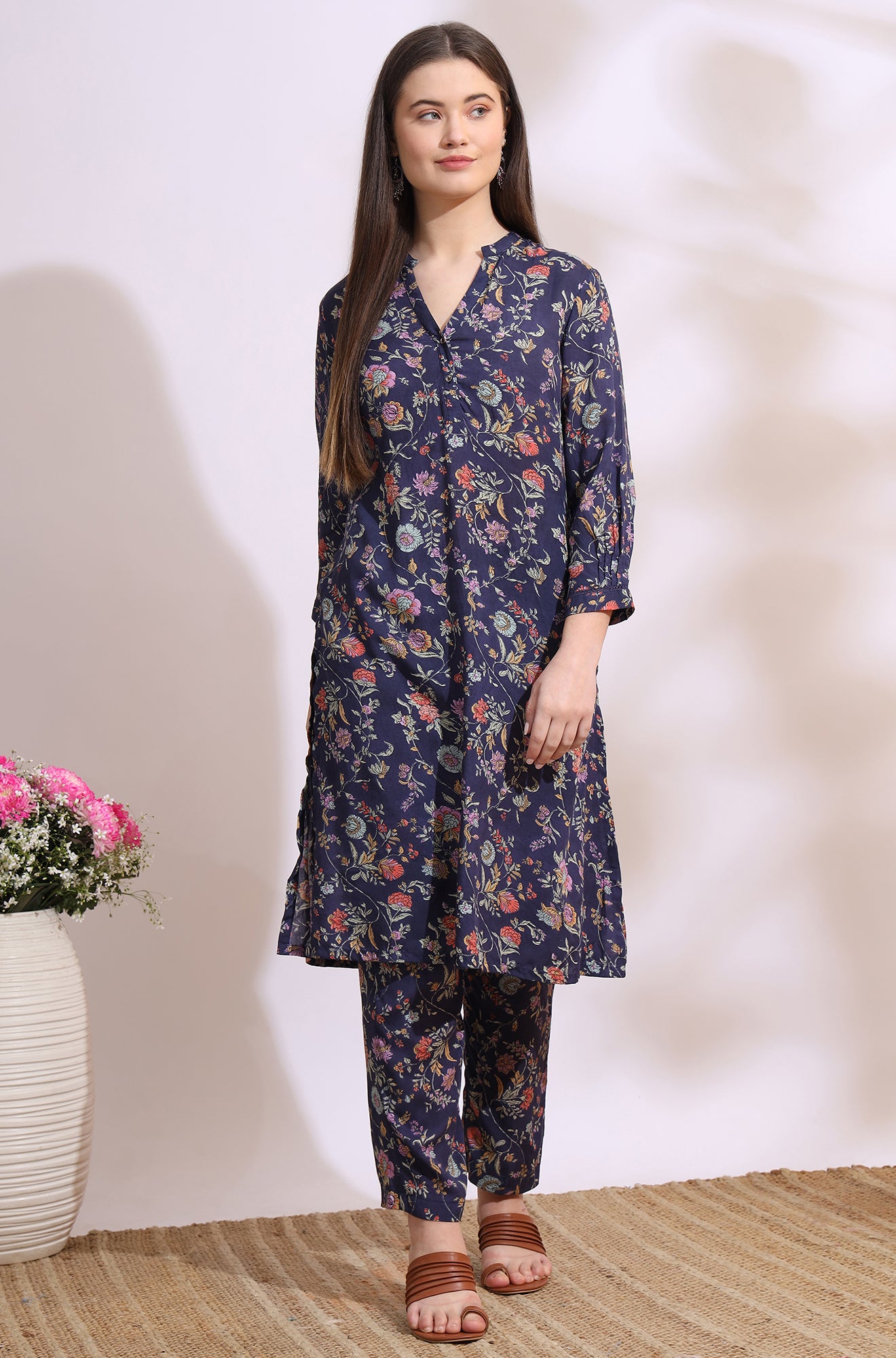 Ink Grey Floral Printed Modal A-line Kurta and Pants Co-ord Set