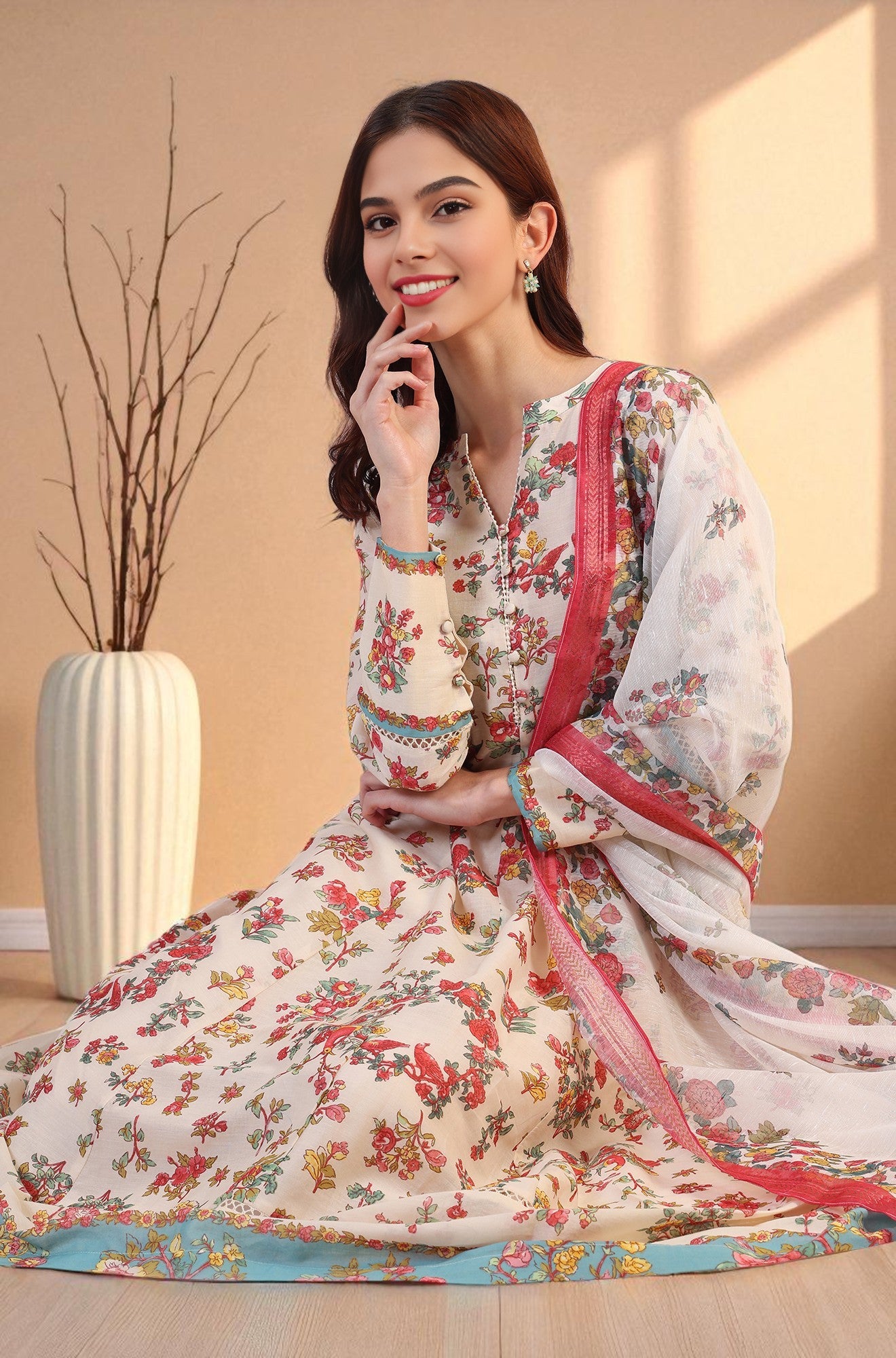 White Pure Cotton Straight Kurta Pant Dupatta Set main image 0