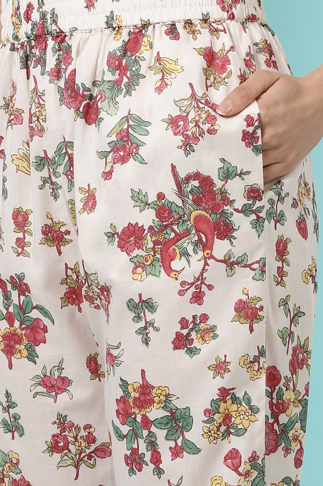 White Floral Printed Textured Cotton Kurta, Pants and Dupatta Set