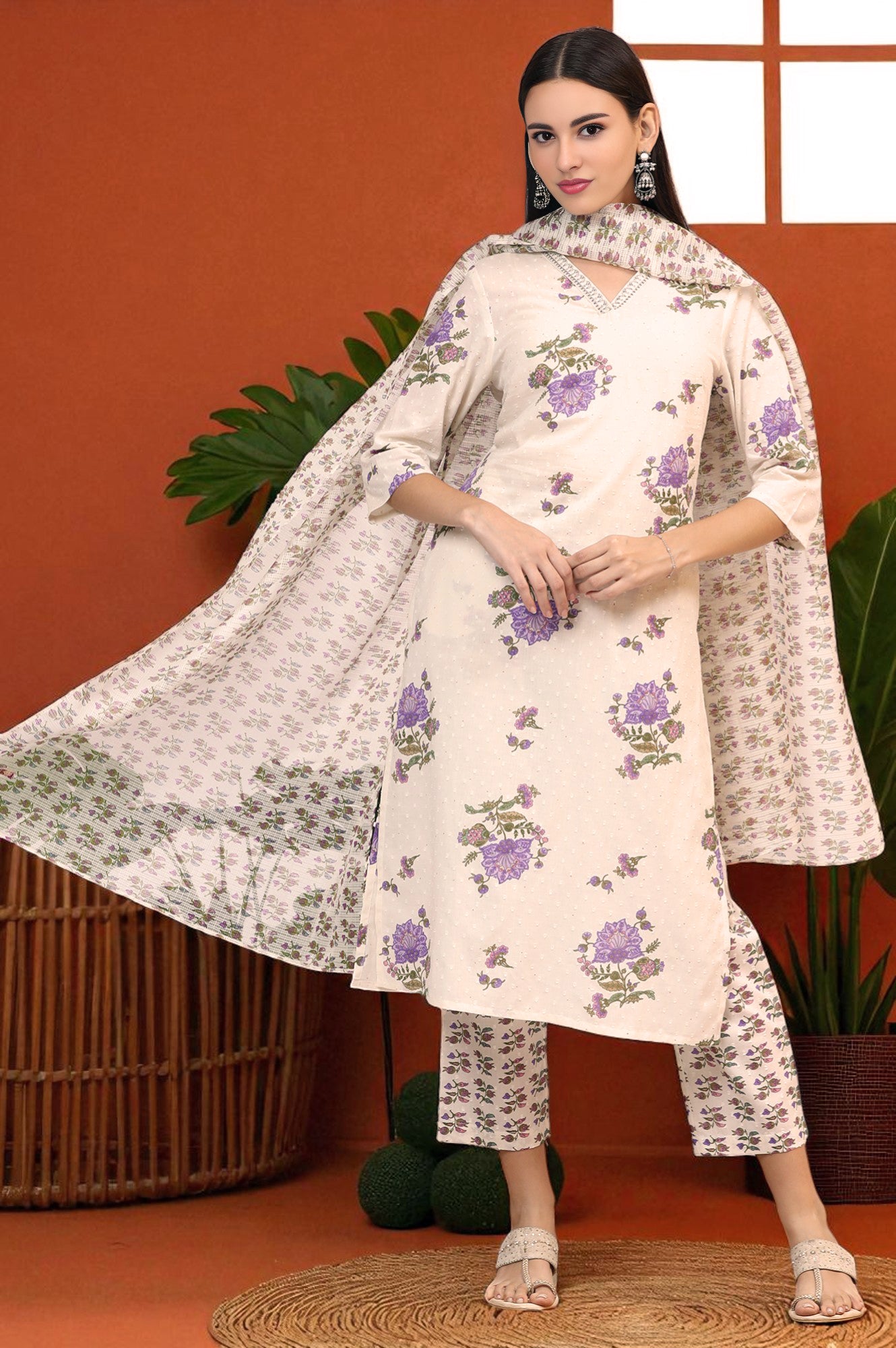 White Pure Cotton Straight Kurta Pant Dupatta Set main image 1
