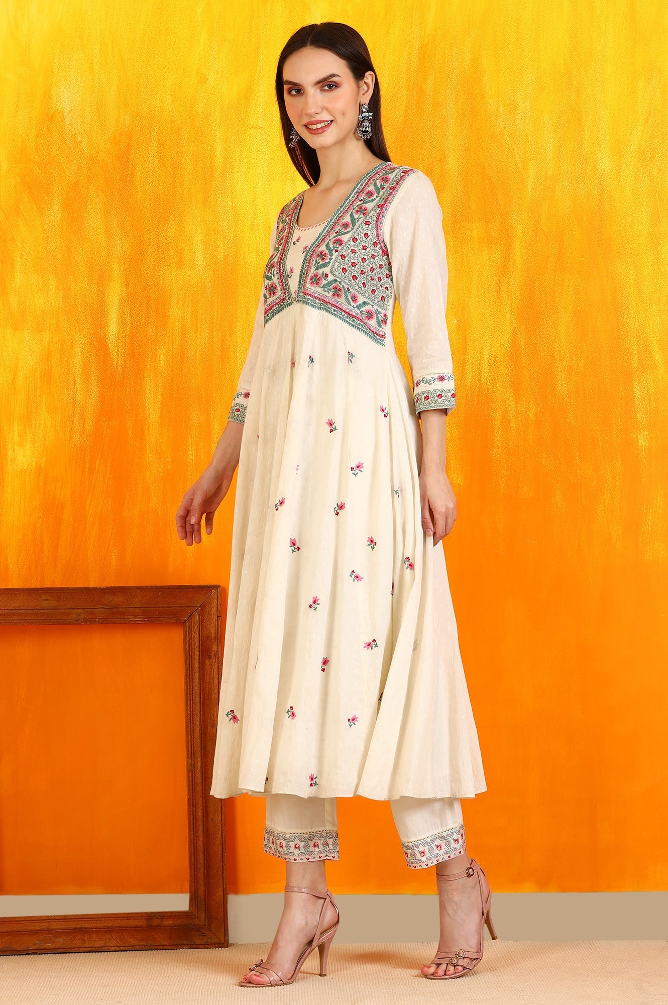 White Embroidered Yoke Cotton Dobby Anarkali Kurta, Pants and Dupatta Set
