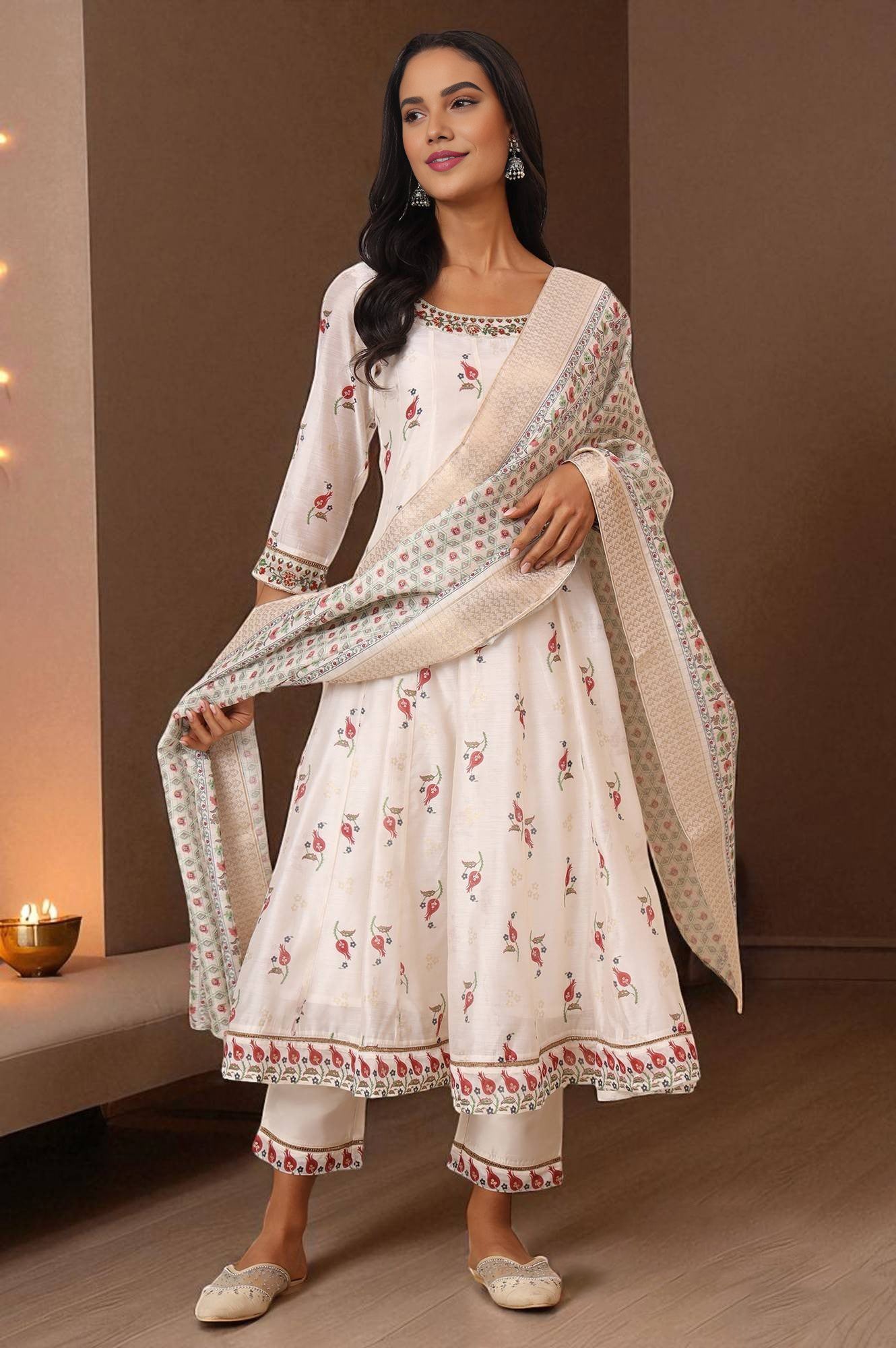 Mal Chanderi Anarkali Kurti Pant Dupatta Set with Embroidery Work for Women
